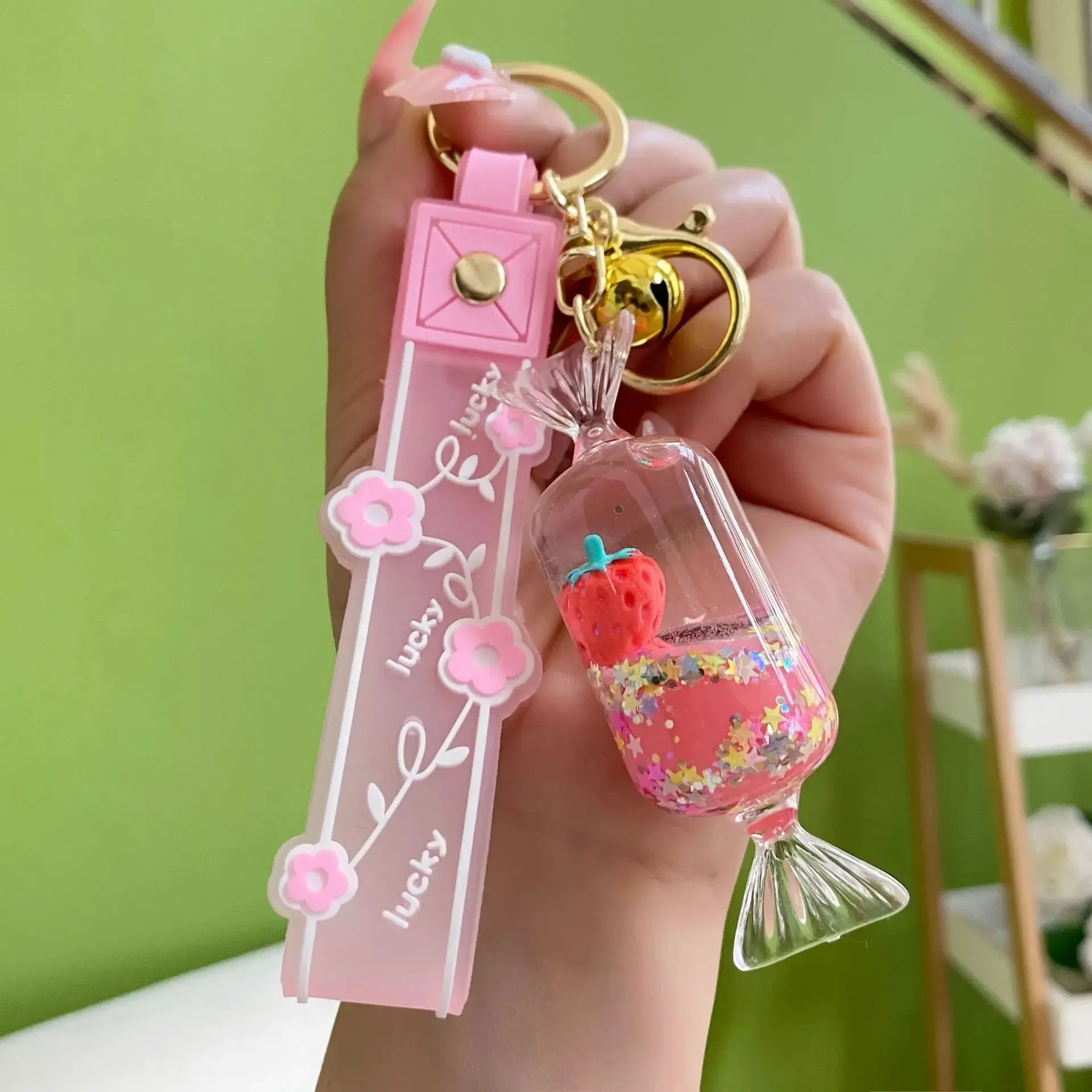 Floating Strawberry Glitter Quicksand Keychain