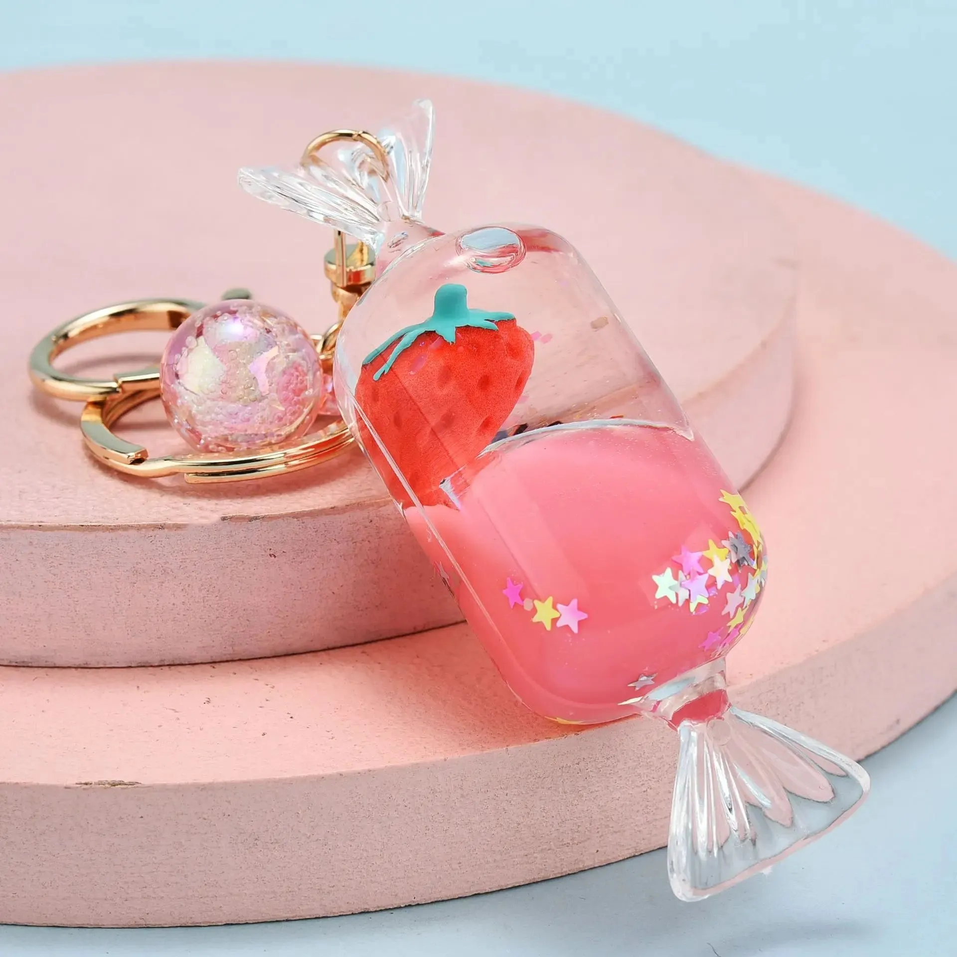 Floating Strawberry Glitter Quicksand Keychain
