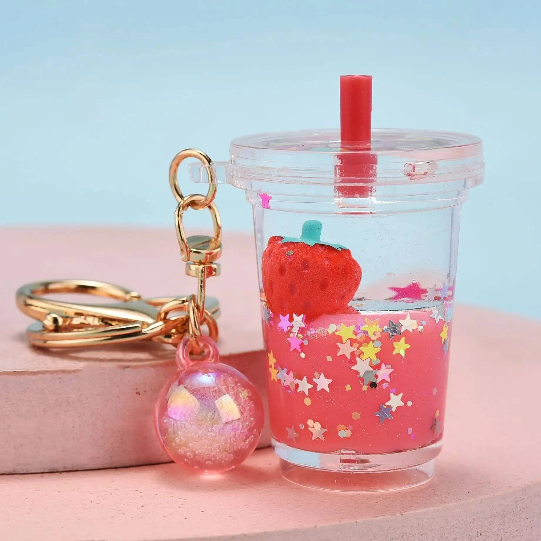 Floating Strawberry Glitter Quicksand Keychain