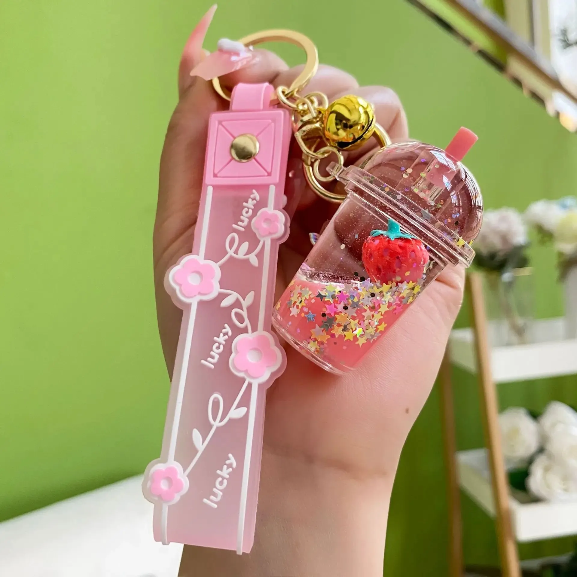 Floating Strawberry Glitter Quicksand Keychain