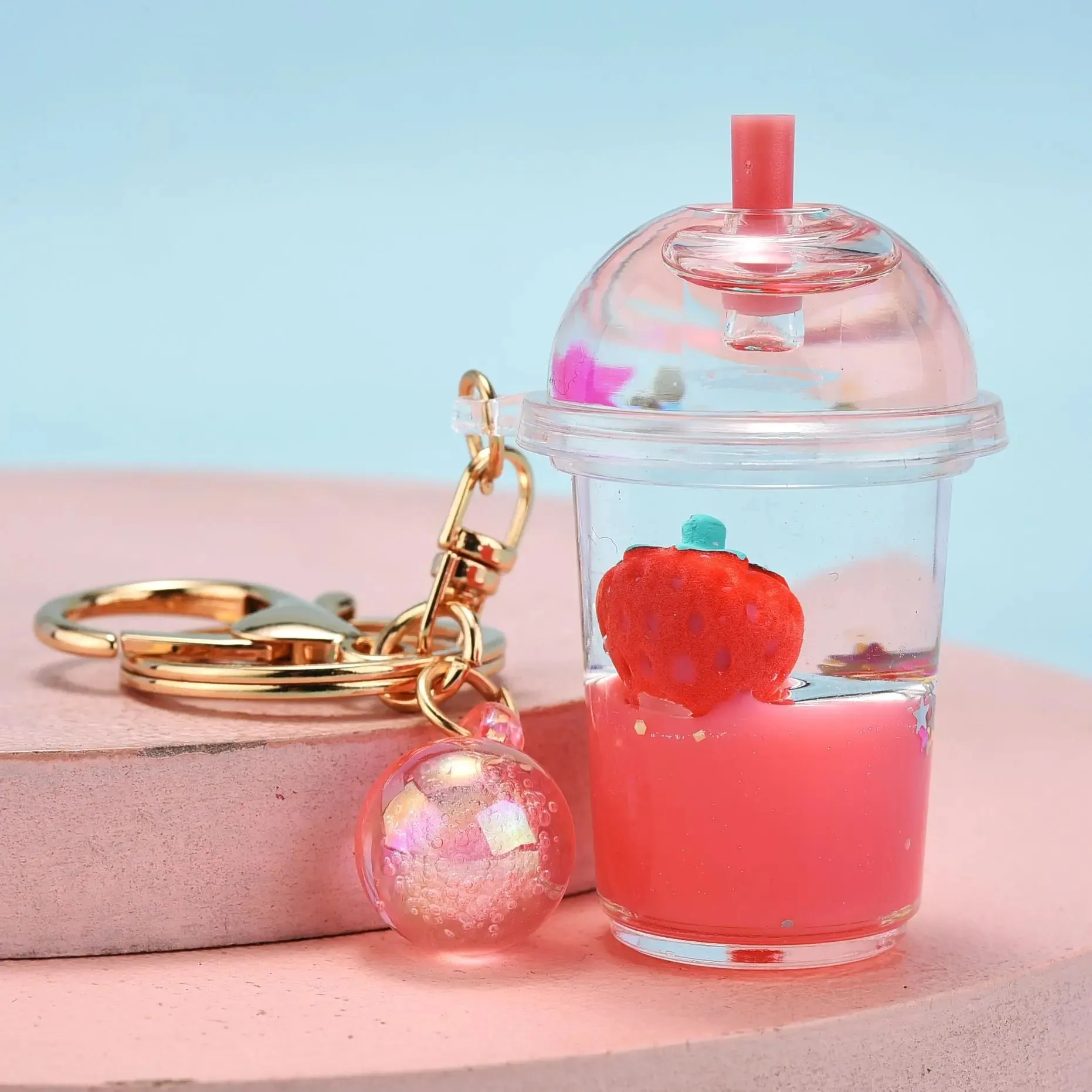 Floating Strawberry Glitter Quicksand Keychain