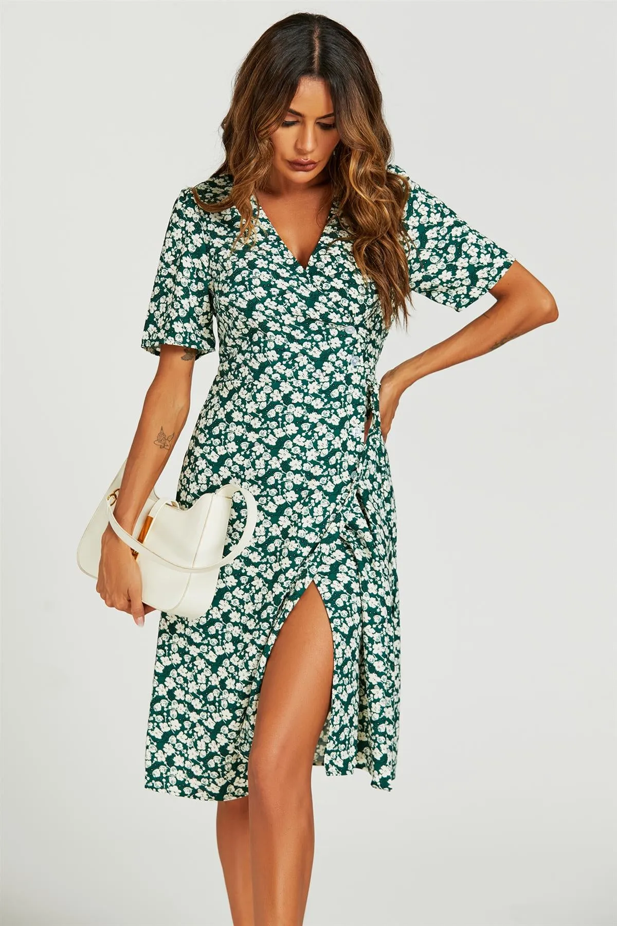 Floral Print Button Tea Midi Dress In Green