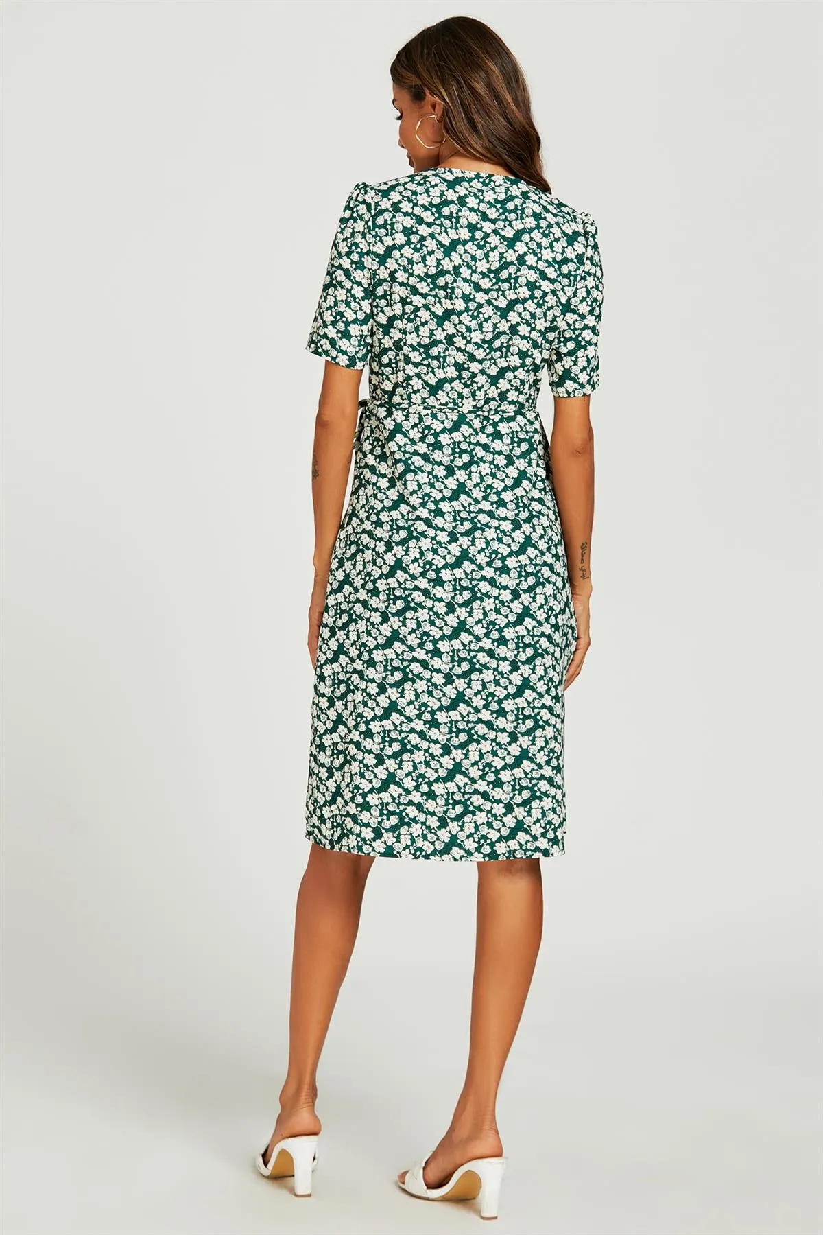 Floral Print Button Tea Midi Dress In Green
