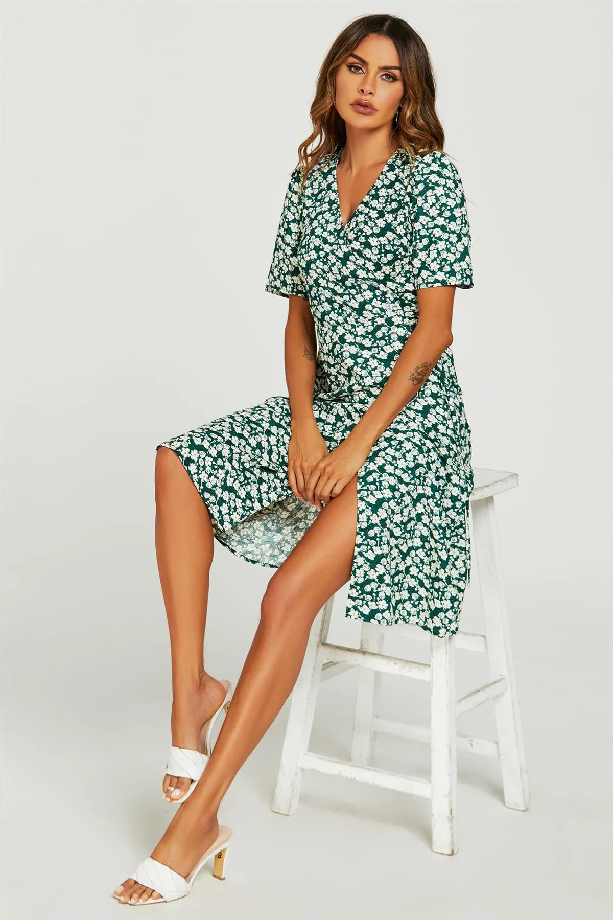 Floral Print Button Tea Midi Dress In Green