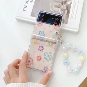 Floral Transparent Folding Phone Case with Bracelet ZFlip3 4 5 Shockproof Hard Back cover