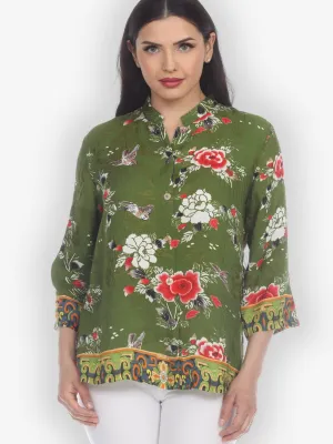Floral With Bird Silk Blend Blouse