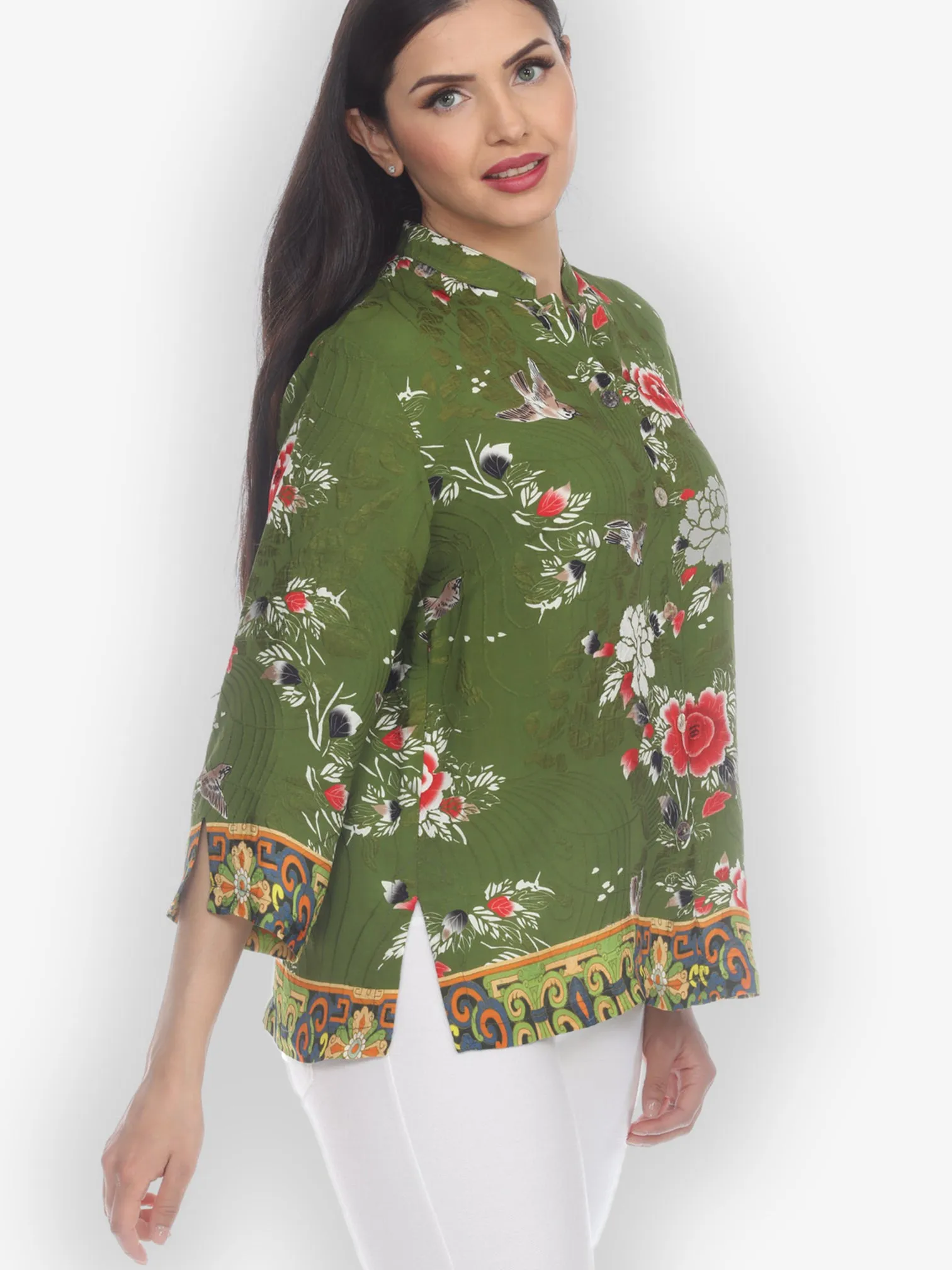 Floral With Bird Silk Blend Blouse