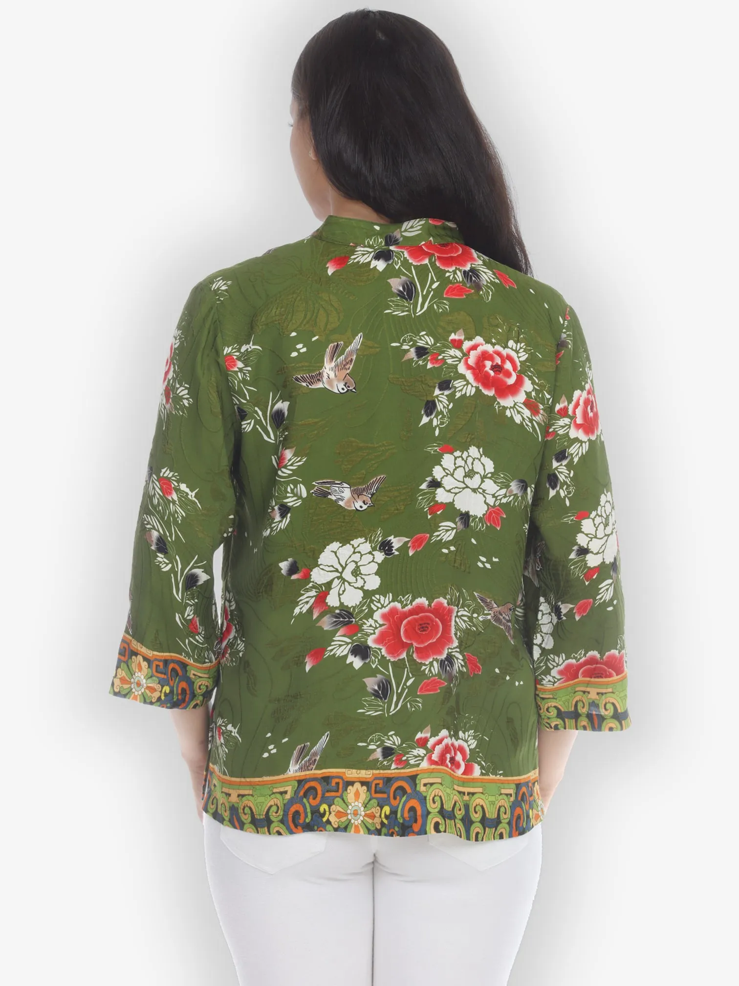 Floral With Bird Silk Blend Blouse