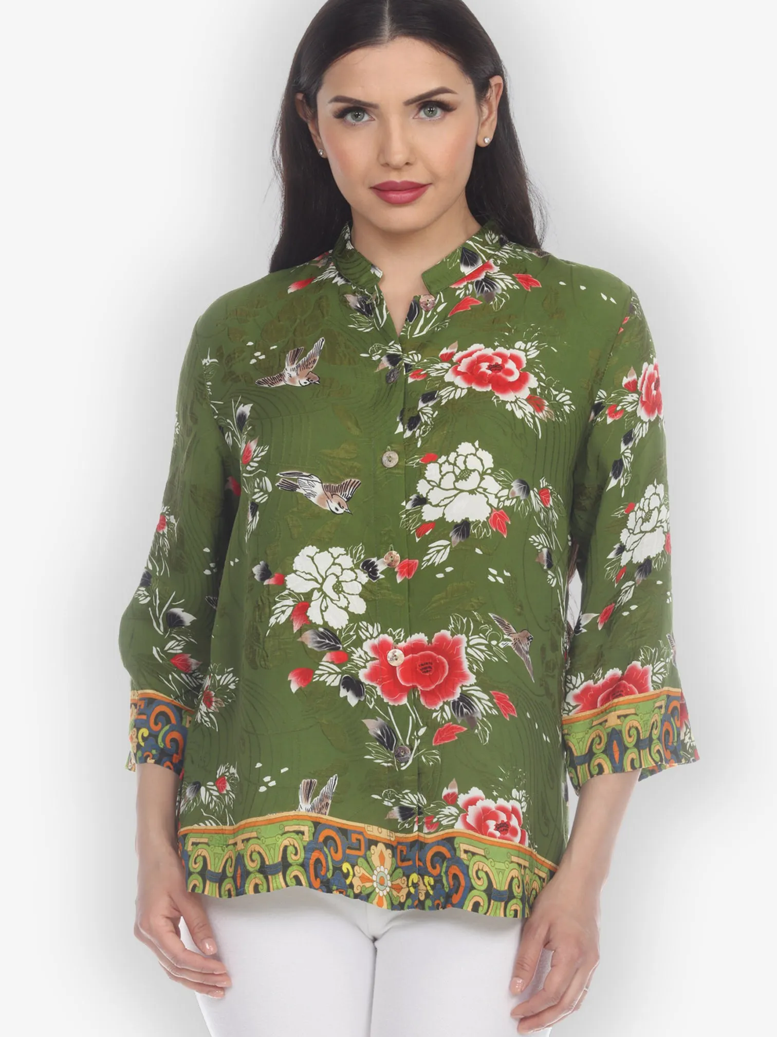 Floral With Bird Silk Blend Blouse