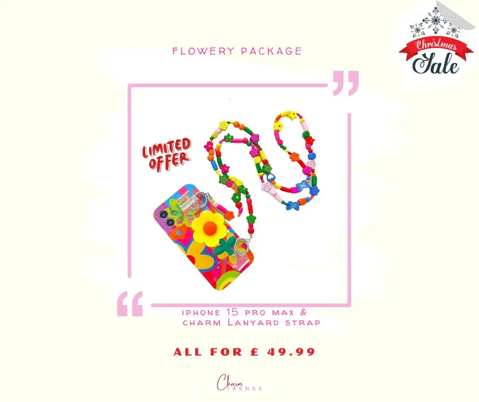 Flowery collection:Mobile iPhone 15 Pro Max protective case with wrist strap and shoulder strap "lanyard"