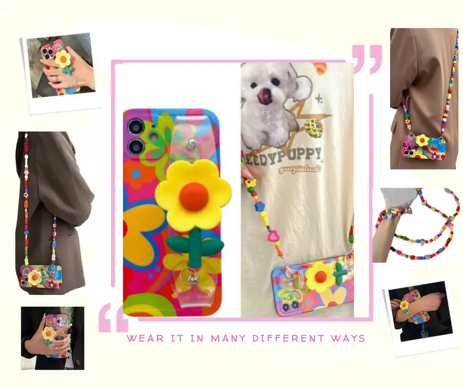 Flowery collection:Mobile iPhone 15 Pro Max protective case with wrist strap and shoulder strap "lanyard"