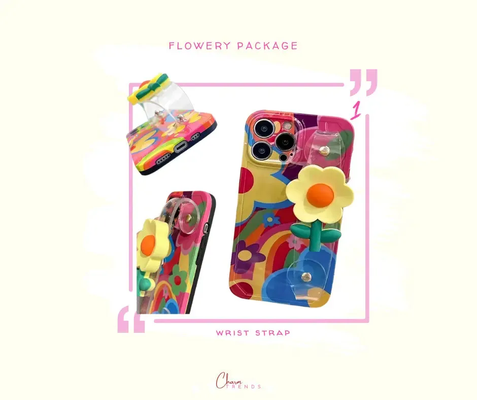 Flowery collection:Mobile iPhone 15 Pro Max protective case with wrist strap and shoulder strap "lanyard"