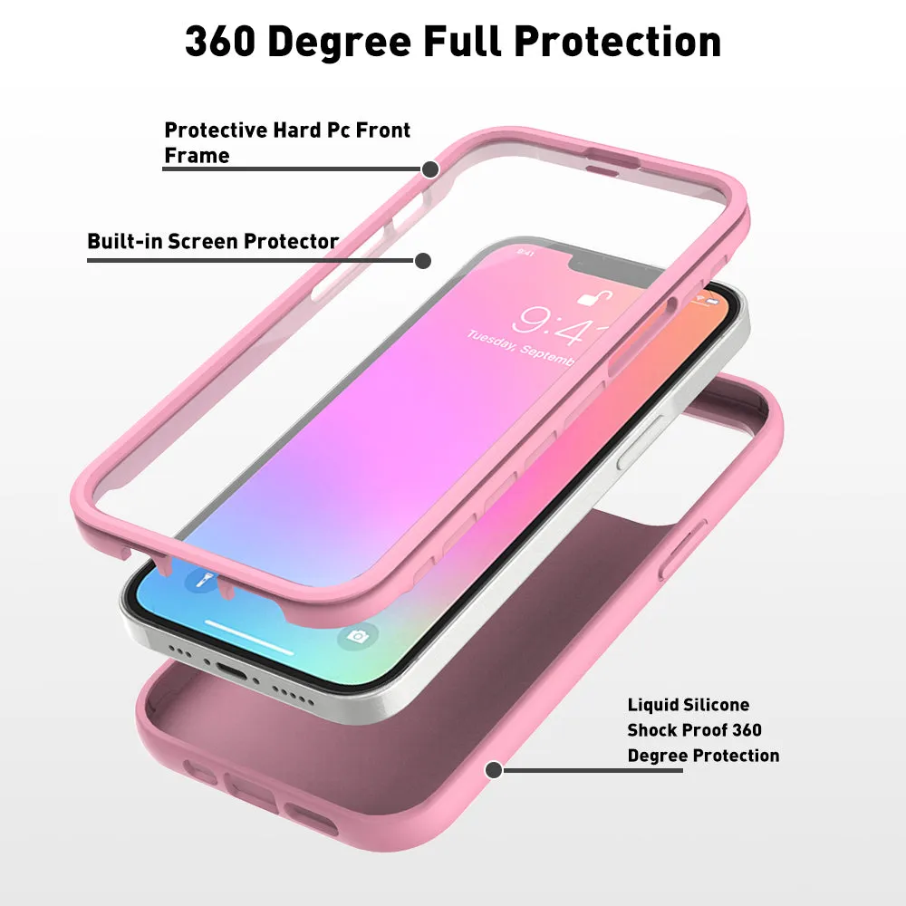 For Apple iPhone 12 Case with Built-in Screen Protector,Rugged PC Front Cover   Soft TPU Non-Slip Cover, Shockproof Full-Body Protective Case Cover - Pink