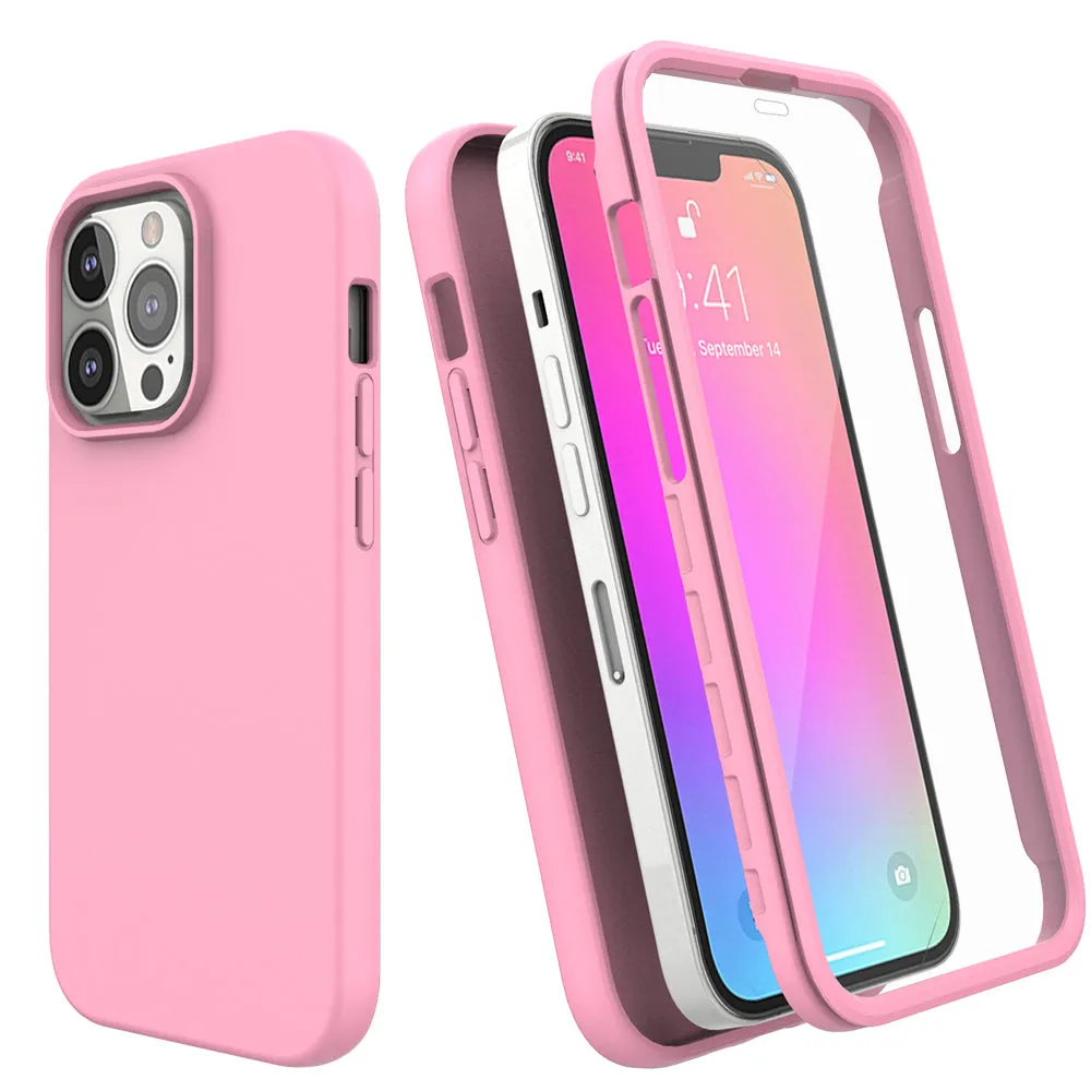For Apple iPhone 13 Pro Case with Built-in Screen Protector,Rugged PC Front Cover   Soft TPU Non-Slip Cover, Shockproof Full-Body Protective Case Cover - Pink