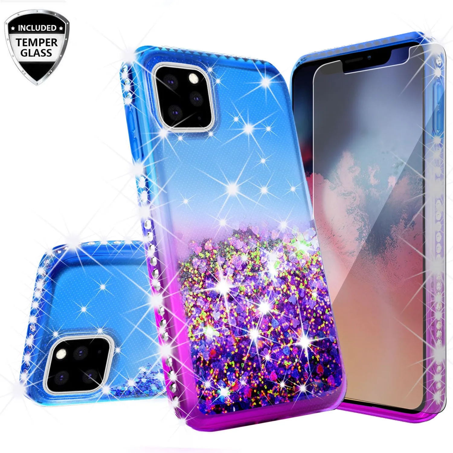 For Apple iPhone 13 Pro Max Case Liquid Glitter Phone Case Waterfall Floating Quicksand Bling Sparkle Cute Protective Girls Women Cover for iPhone 13 Pro Max W/Temper Glass -  (Blue/Purple Gradient)