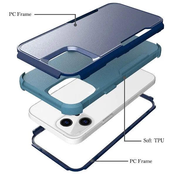 For Apple iPhone 14 3in1 Case Drop Resistant Defender Tradies Hybrid Armor Heavy Duty Rugged Shockproof Tough Cover (Blue)