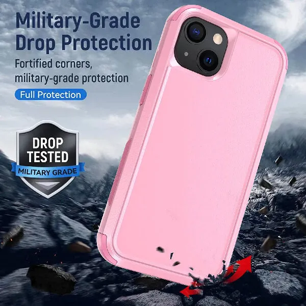 For Apple iPhone 14 3in1 Case Drop Resistant Defender Tradies Hybrid Armor Heavy Duty Rugged Shockproof Tough Cover (Pink)