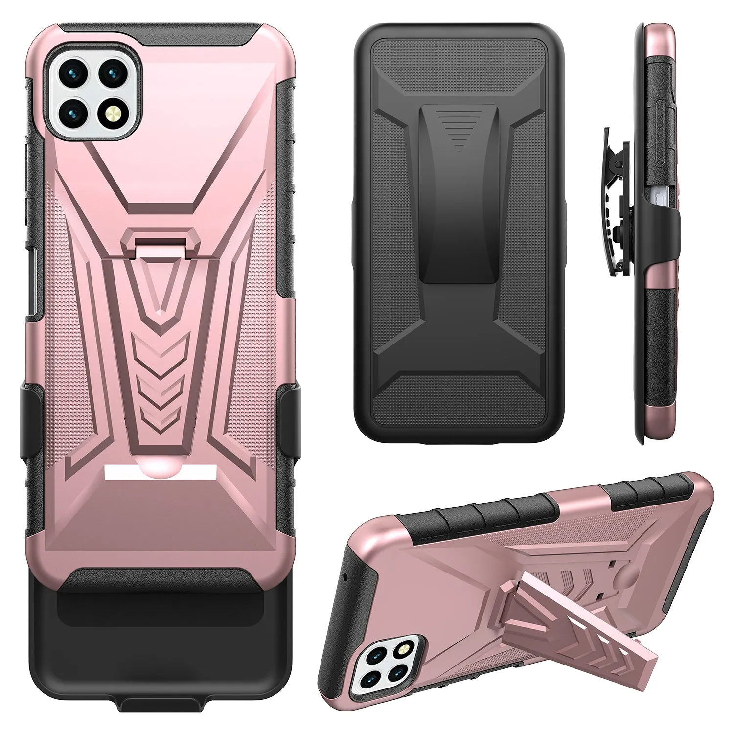For Boost Celero 5G Case with Tempered Glass Screen Protector Heavy Duty Protective Phone Case,Built-in Kickstand Rugged Shockproof Protective Phone Case - Rose Gold