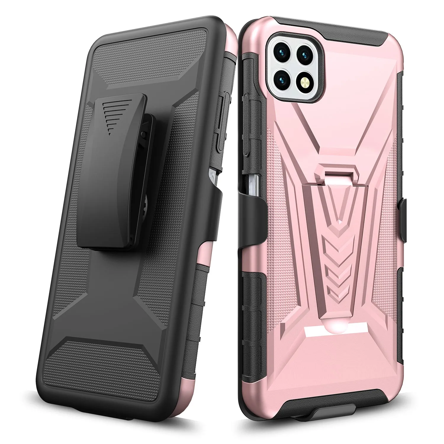 For Boost Celero 5G Case with Tempered Glass Screen Protector Heavy Duty Protective Phone Case,Built-in Kickstand Rugged Shockproof Protective Phone Case - Rose Gold