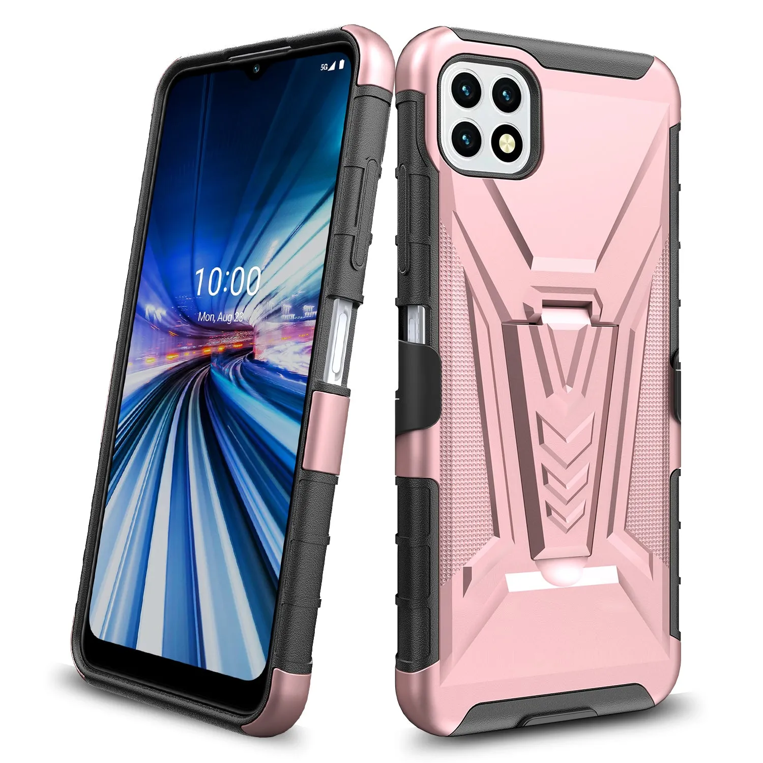 For Boost Celero 5G Case with Tempered Glass Screen Protector Heavy Duty Protective Phone Case,Built-in Kickstand Rugged Shockproof Protective Phone Case - Rose Gold