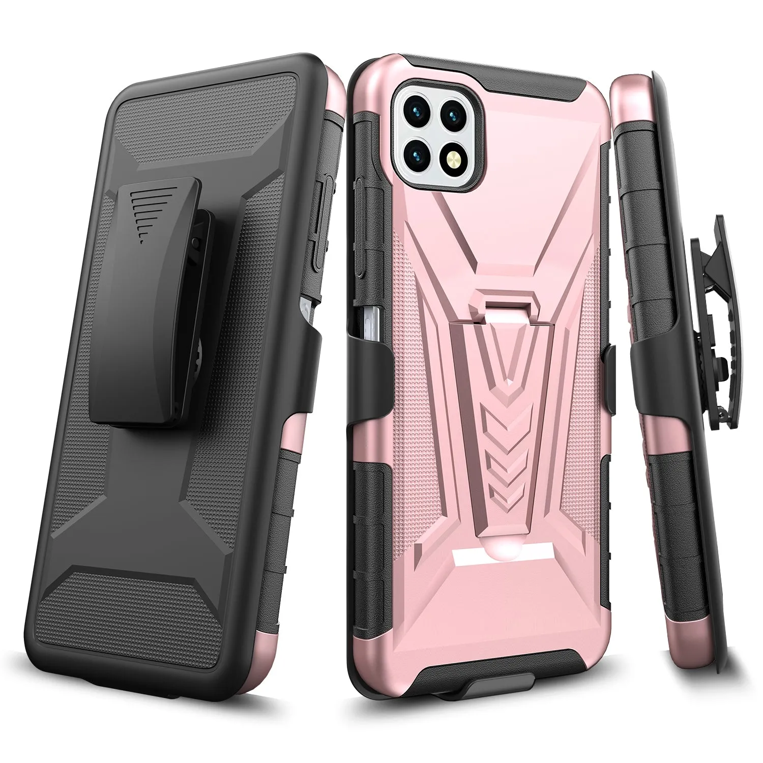 For Boost Celero 5G Case with Tempered Glass Screen Protector Heavy Duty Protective Phone Case,Built-in Kickstand Rugged Shockproof Protective Phone Case - Rose Gold
