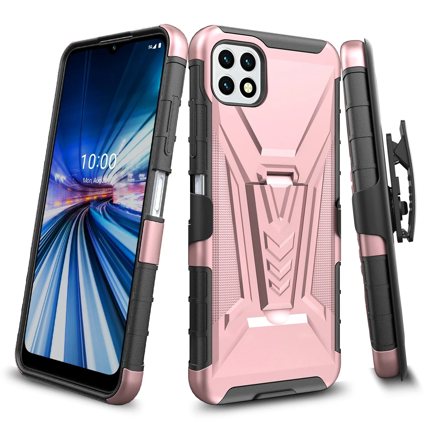 For Boost Celero 5G Case with Tempered Glass Screen Protector Heavy Duty Protective Phone Case,Built-in Kickstand Rugged Shockproof Protective Phone Case - Rose Gold