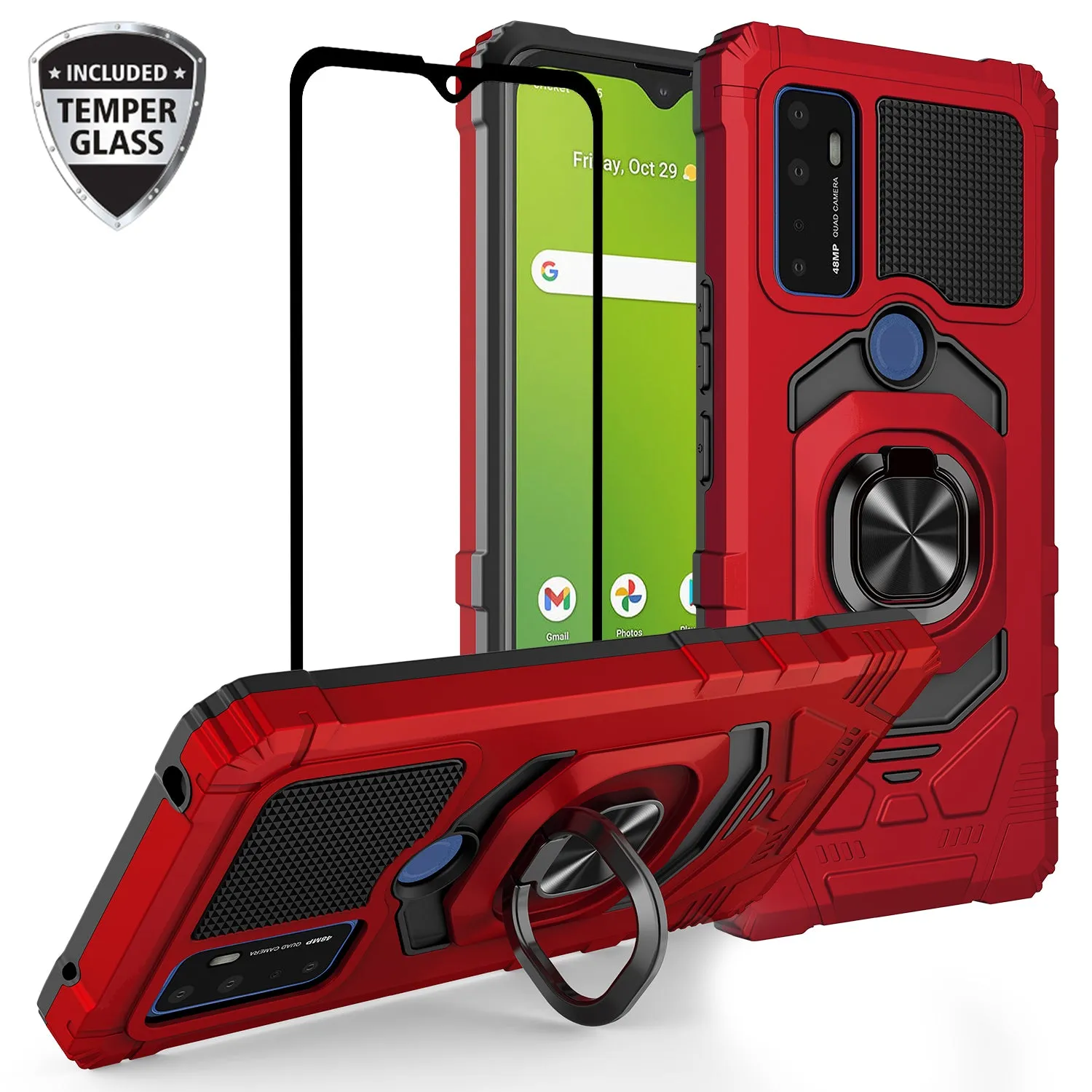 For Cricket Dream 5G / AT&T Radiant Max 5G / AT&T Fusion 5G Case with Tempered Glass Screen Protector Hybrid Ring Shockproof Hard Case Phone Cover - Red