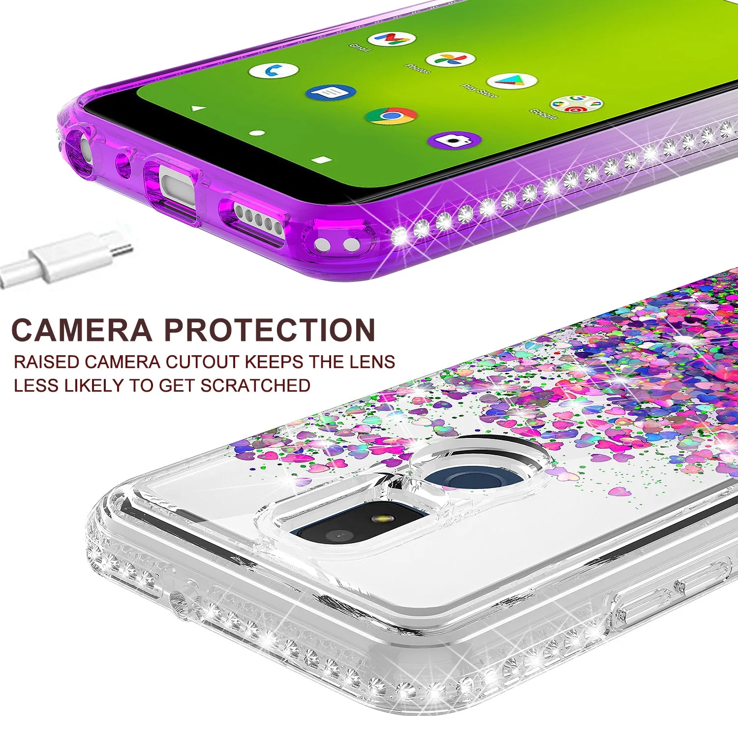 For Cricket Icon 3 (3rd Version) | At&t Motivate 2 (2nd) | Cricket Splendor Case Liquid Glitter Phone Case Waterfall Floating Quicksand Bling Sparkle Cute Protective Girls Women Cover for Cricket Icon 3 (3rd Version) W/Temper Glass - Purple