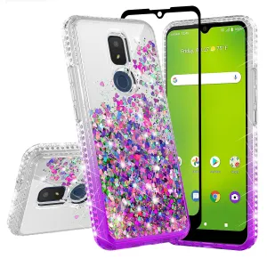 For Cricket Icon 3 (3rd Version) | At&t Motivate 2 (2nd) | Cricket Splendor Case Liquid Glitter Phone Case Waterfall Floating Quicksand Bling Sparkle Cute Protective Girls Women Cover for Cricket Icon 3 (3rd Version) W/Temper Glass - Purple