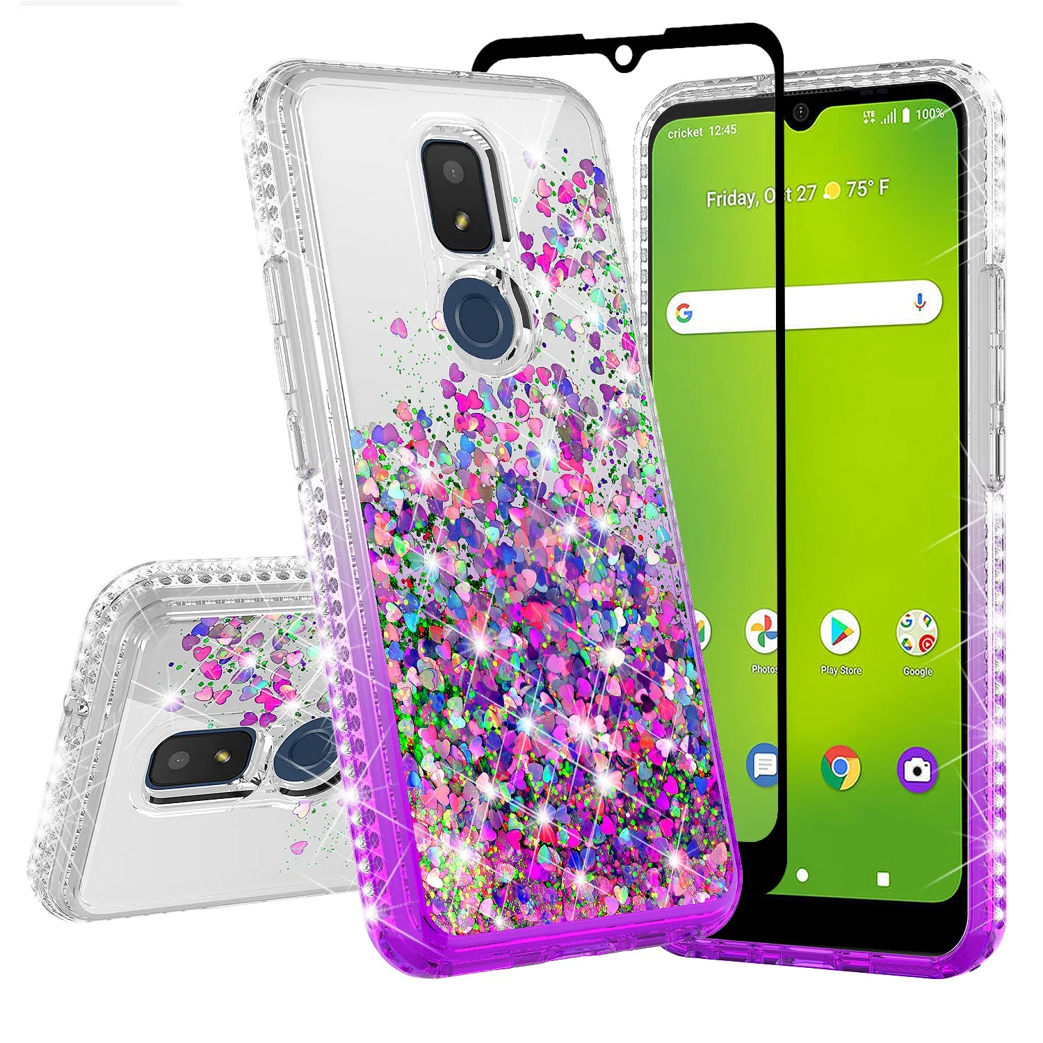 For Cricket Icon 3 (3rd Version) | At&t Motivate 2 (2nd) | Cricket Splendor Case Liquid Glitter Phone Case Waterfall Floating Quicksand Bling Sparkle Cute Protective Girls Women Cover for Cricket Icon 3 (3rd Version) W/Temper Glass - Purple