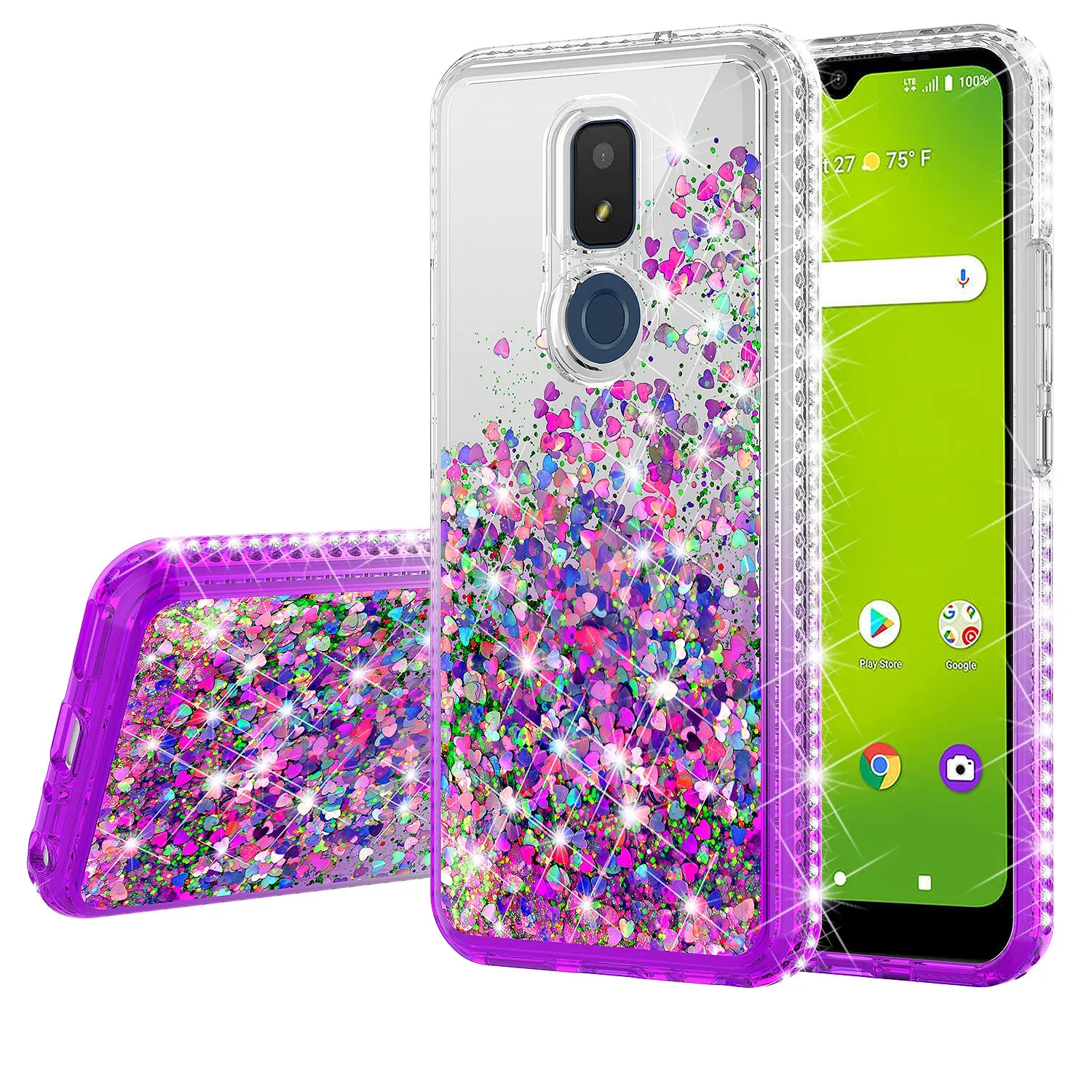 For Cricket Icon 3 (3rd Version) | At&t Motivate 2 (2nd) | Cricket Splendor Case Liquid Glitter Phone Case Waterfall Floating Quicksand Bling Sparkle Cute Protective Girls Women Cover for Cricket Icon 3 (3rd Version) W/Temper Glass - Purple