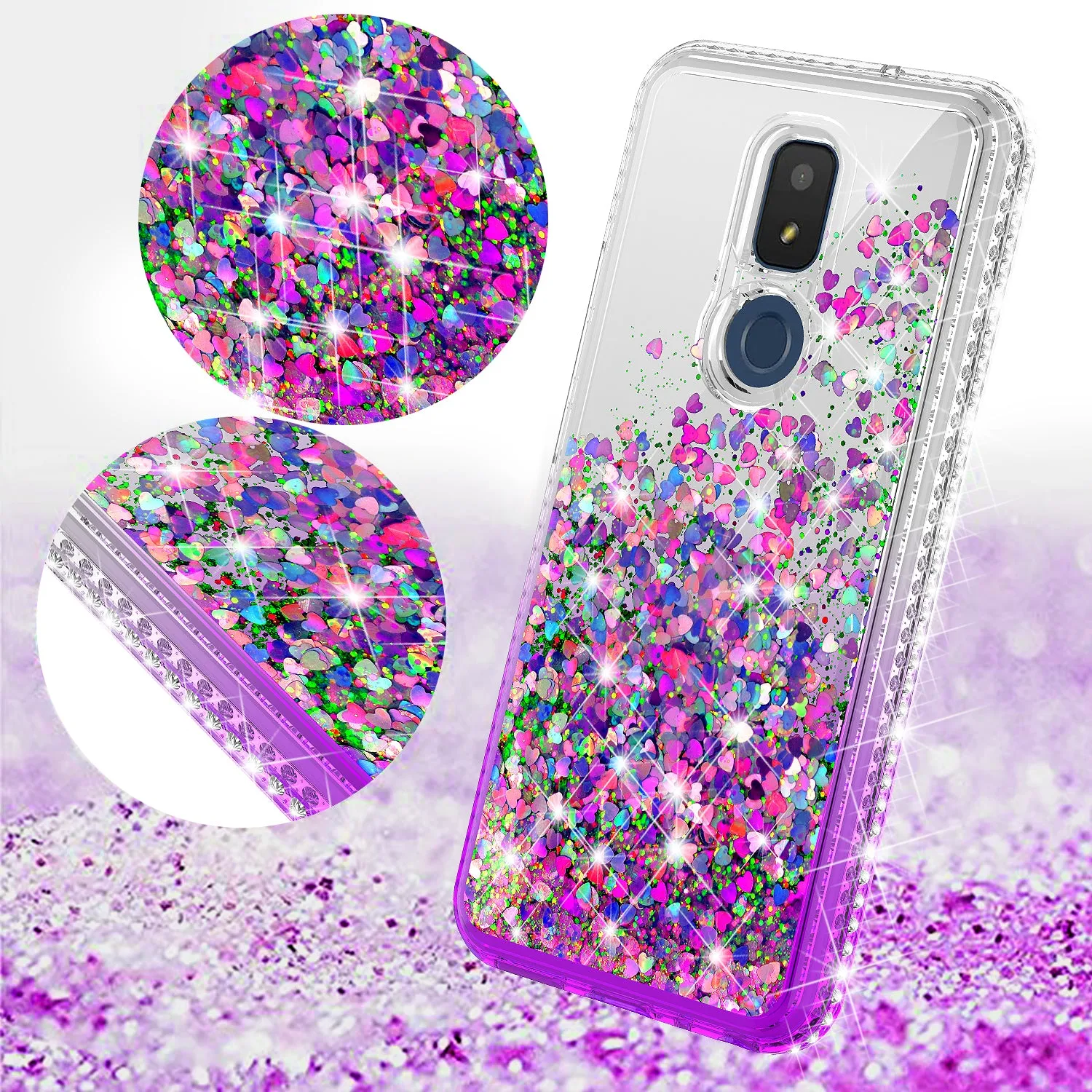 For Cricket Icon 3 (3rd Version) | At&t Motivate 2 (2nd) | Cricket Splendor Case Liquid Glitter Phone Case Waterfall Floating Quicksand Bling Sparkle Cute Protective Girls Women Cover for Cricket Icon 3 (3rd Version) W/Temper Glass - Purple