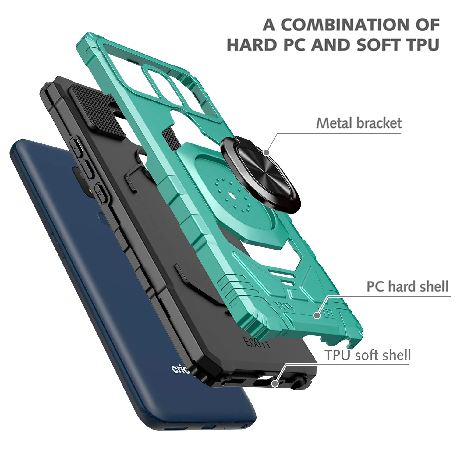 For Cricket Icon 3 (3rd Version) | At&t Motivate 2 (2nd) | Cricket Splendor Case with Tempered Glass Screen Protector Hybrid Ring Shockproof Hard Case Phone Cover - Teal