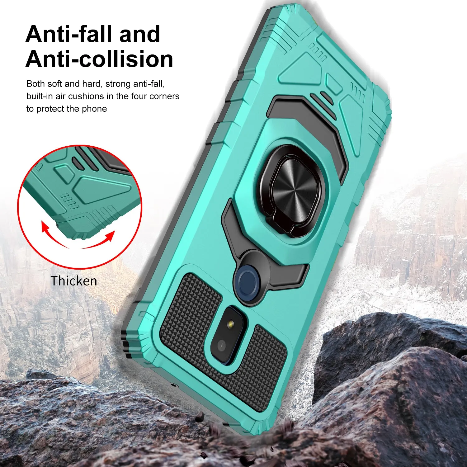 For Cricket Icon 3 (3rd Version) | At&t Motivate 2 (2nd) | Cricket Splendor Case with Tempered Glass Screen Protector Hybrid Ring Shockproof Hard Case Phone Cover - Teal