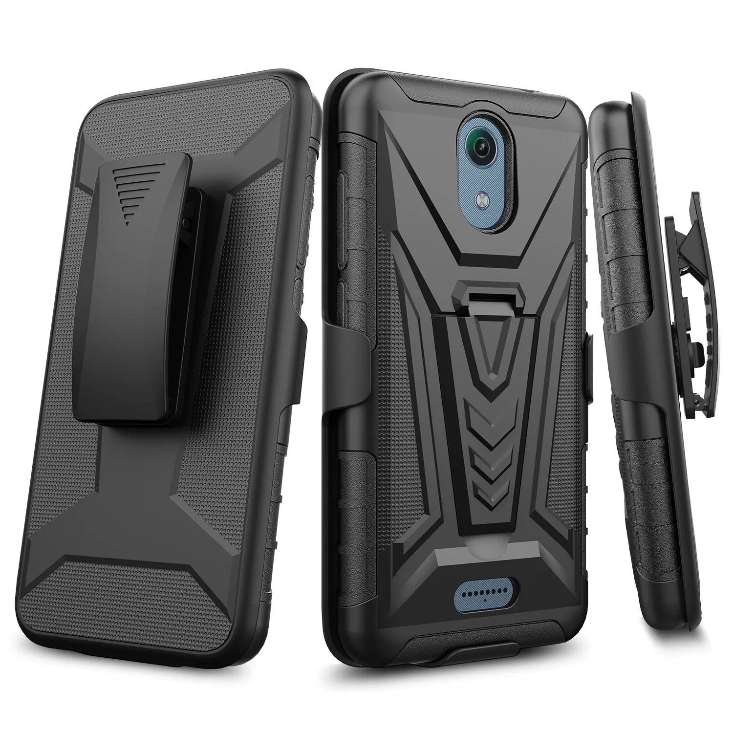 For Cricket Vision 3 /AT&T Calypso (U318AA) Case with Tempered Glass Screen Protector Heavy Duty Protective Phone Case,Built-in Kickstand Rugged Shockproof Protective Phone Case - Black