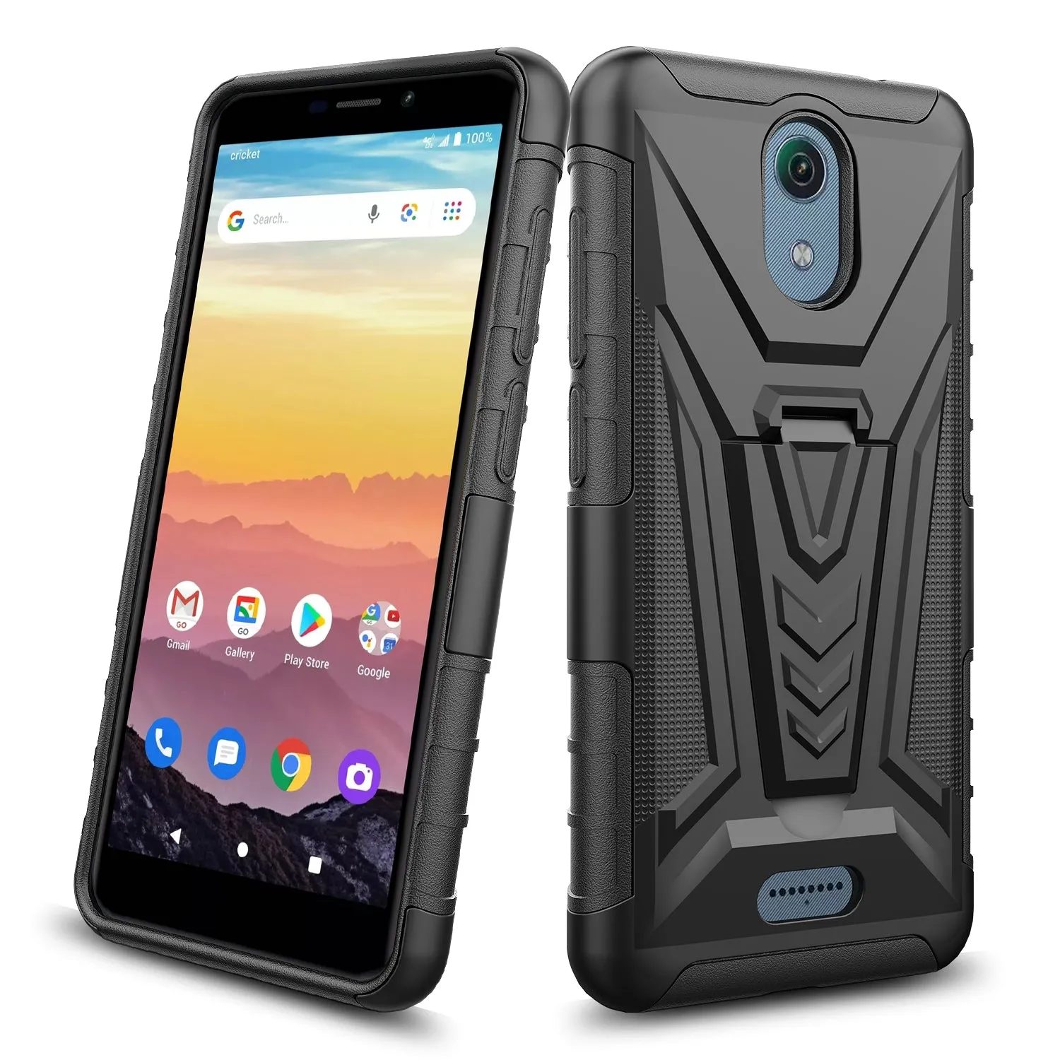 For Cricket Vision 3 /AT&T Calypso (U318AA) Case with Tempered Glass Screen Protector Heavy Duty Protective Phone Case,Built-in Kickstand Rugged Shockproof Protective Phone Case - Black