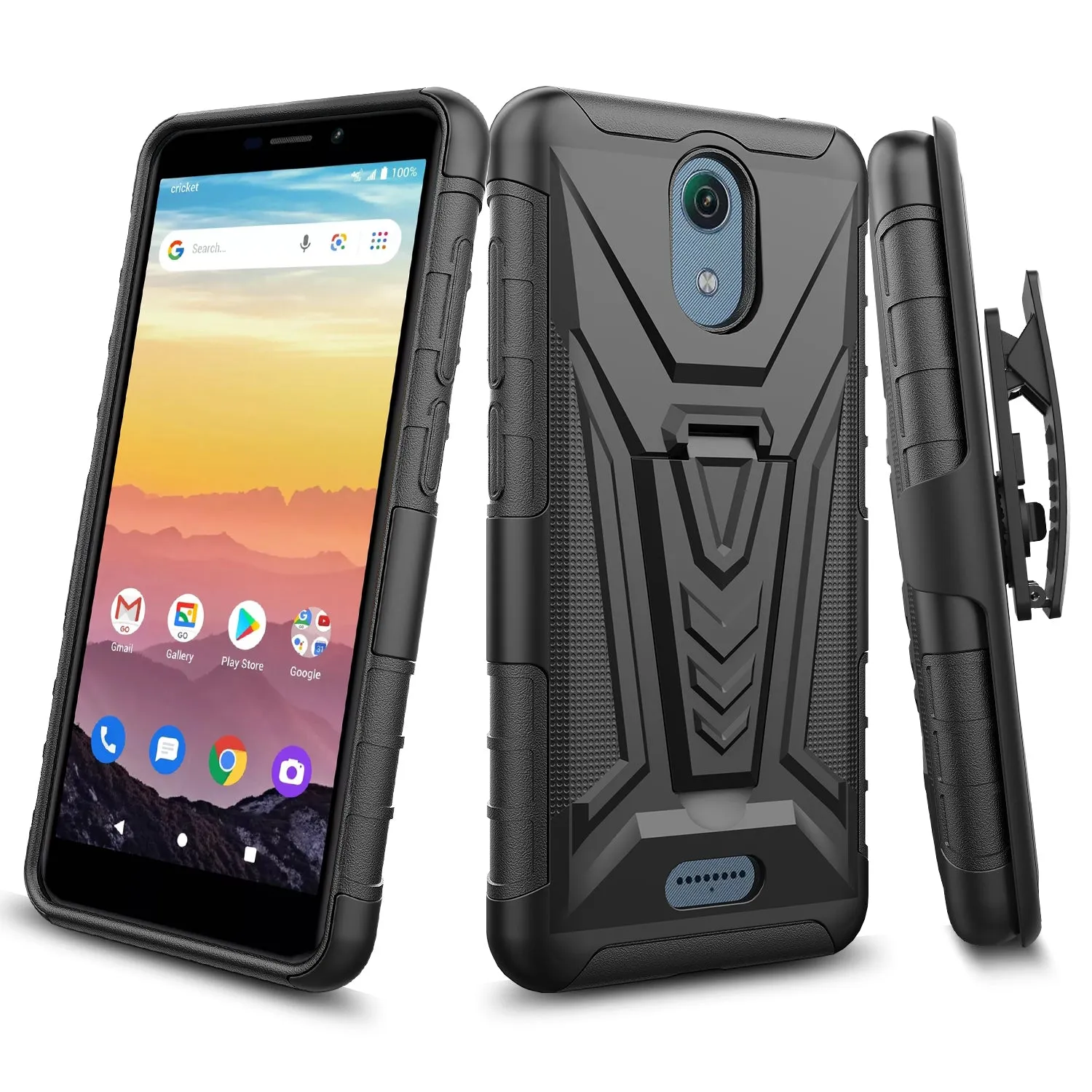For Cricket Vision 3 /AT&T Calypso (U318AA) Case with Tempered Glass Screen Protector Heavy Duty Protective Phone Case,Built-in Kickstand Rugged Shockproof Protective Phone Case - Black