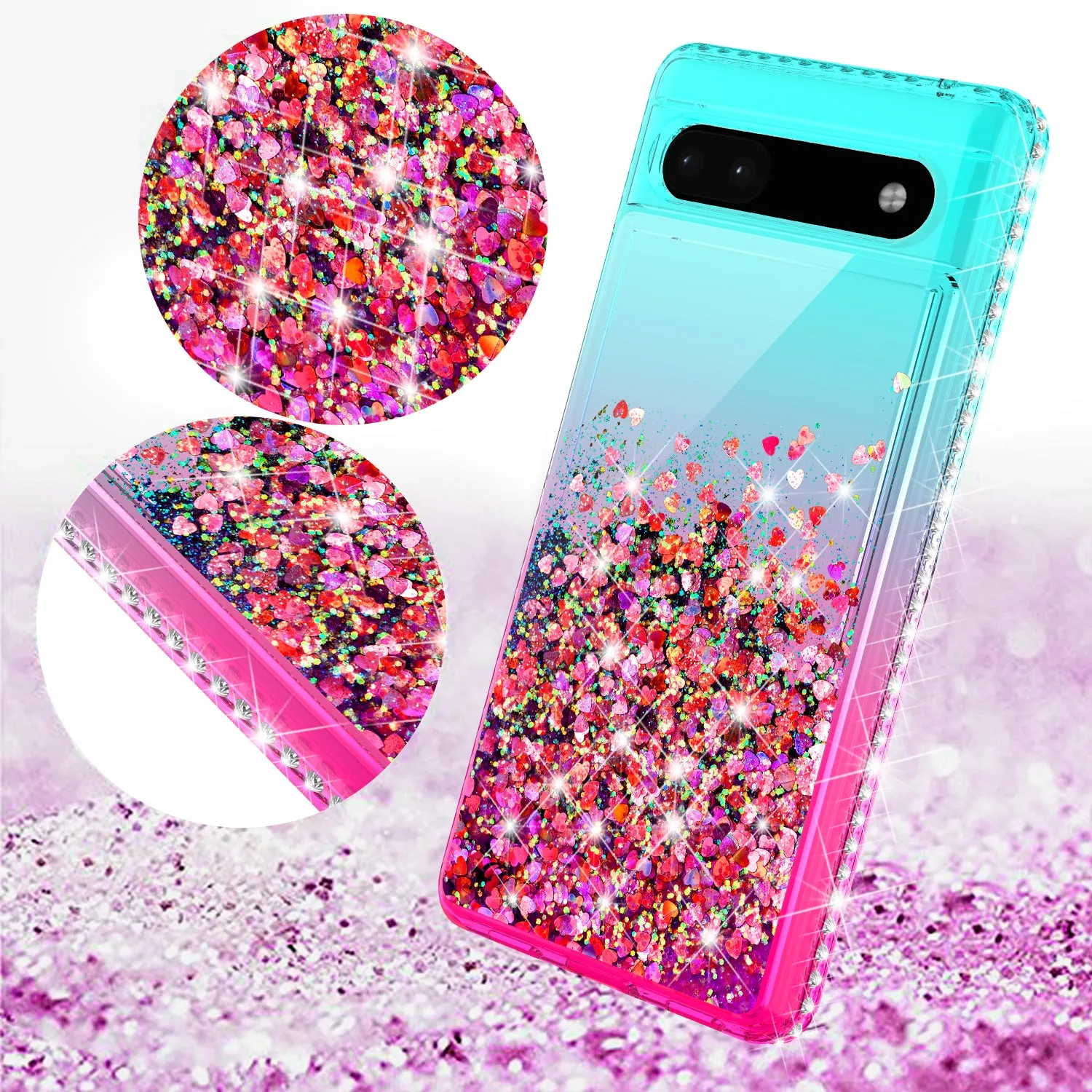 For Google Pixel 6a Case Liquid Glitter Phone Case Waterfall Floating Quicksand Bling Sparkle Cute Protective Girls Women Cover for Google Pixel 6a W/Temper Glass -  (Teal/Pink Gradient)