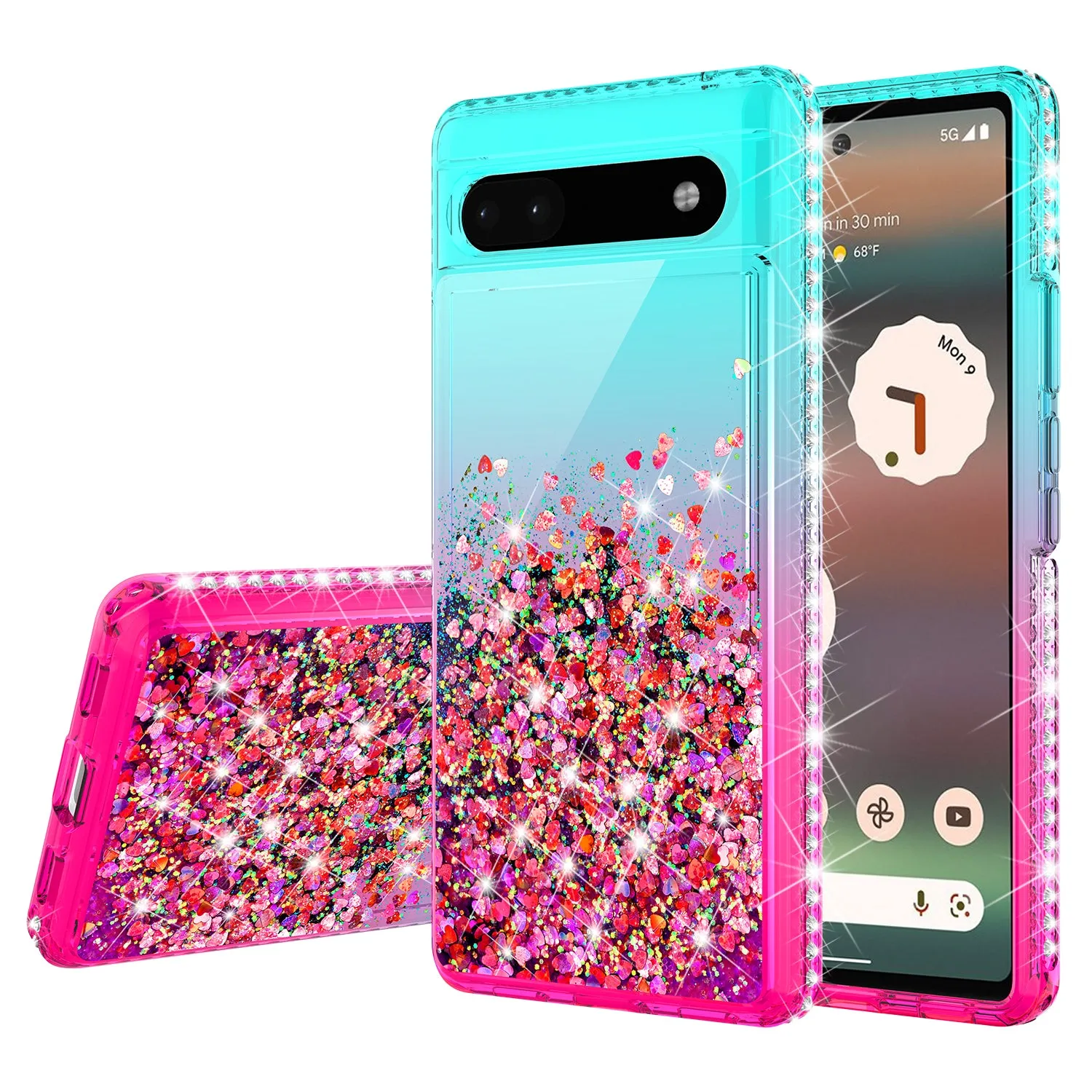 For Google Pixel 6a Case Liquid Glitter Phone Case Waterfall Floating Quicksand Bling Sparkle Cute Protective Girls Women Cover for Google Pixel 6a W/Temper Glass -  (Teal/Pink Gradient)