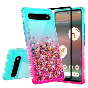 For Google Pixel 6a Case Liquid Glitter Phone Case Waterfall Floating Quicksand Bling Sparkle Cute Protective Girls Women Cover for Google Pixel 6a W/Temper Glass -  (Teal/Pink Gradient)