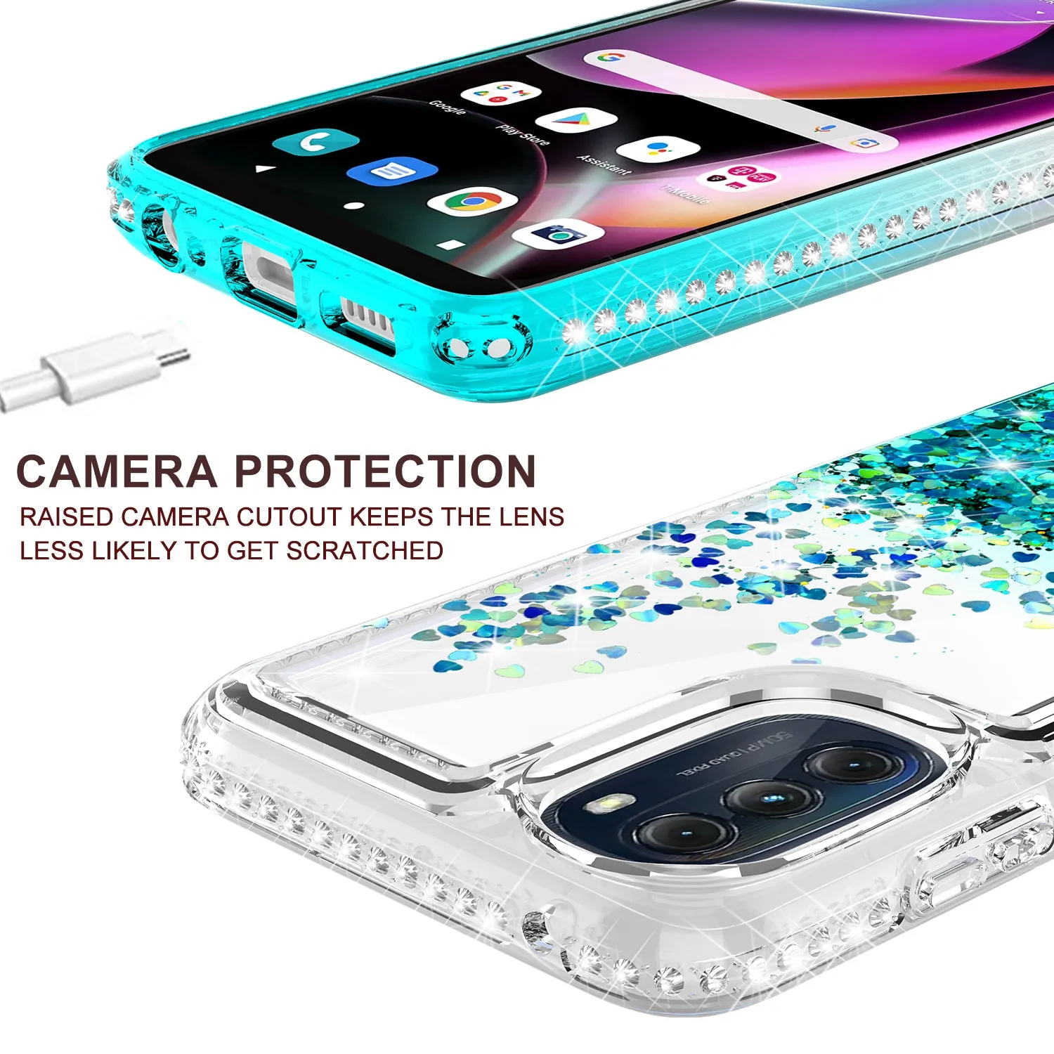 For Motorola moto g 5G (2022) Case Liquid Glitter Phone Case Waterfall Floating Quicksand Bling Sparkle Cute Protective Girls Women Cover for Motorola moto g 5G (2022) W/Temper Glass - Teal