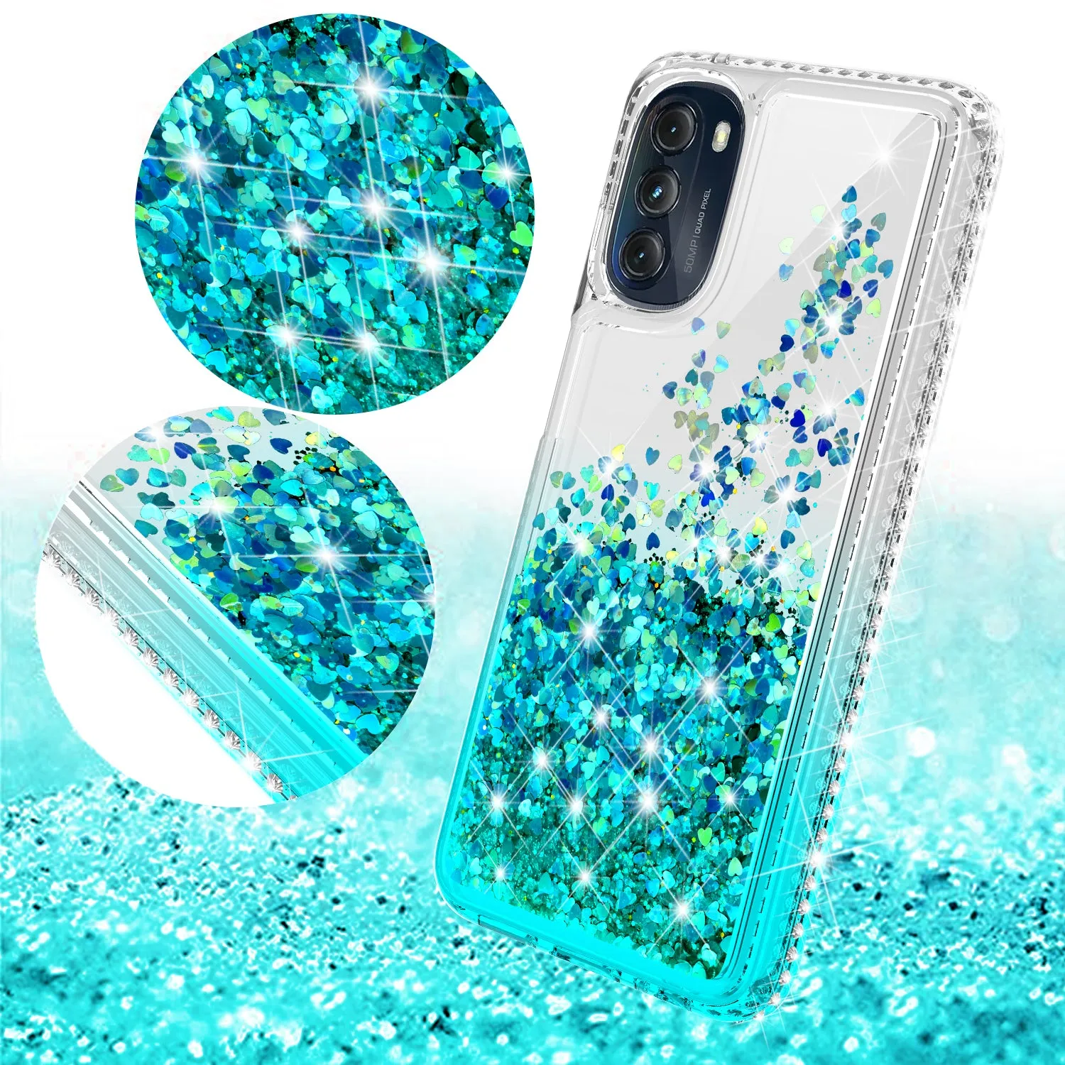 For Motorola moto g 5G (2022) Case Liquid Glitter Phone Case Waterfall Floating Quicksand Bling Sparkle Cute Protective Girls Women Cover for Motorola moto g 5G (2022) W/Temper Glass - Teal