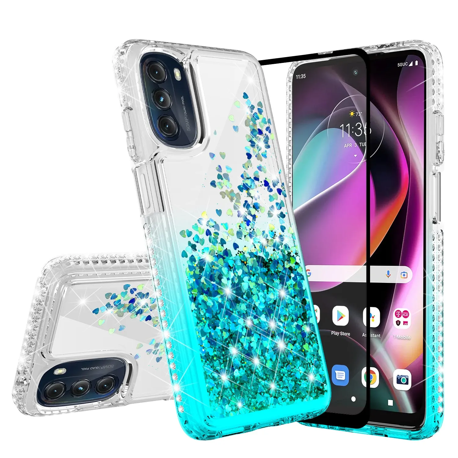 For Motorola moto g 5G (2022) Case Liquid Glitter Phone Case Waterfall Floating Quicksand Bling Sparkle Cute Protective Girls Women Cover for Motorola moto g 5G (2022) W/Temper Glass - Teal