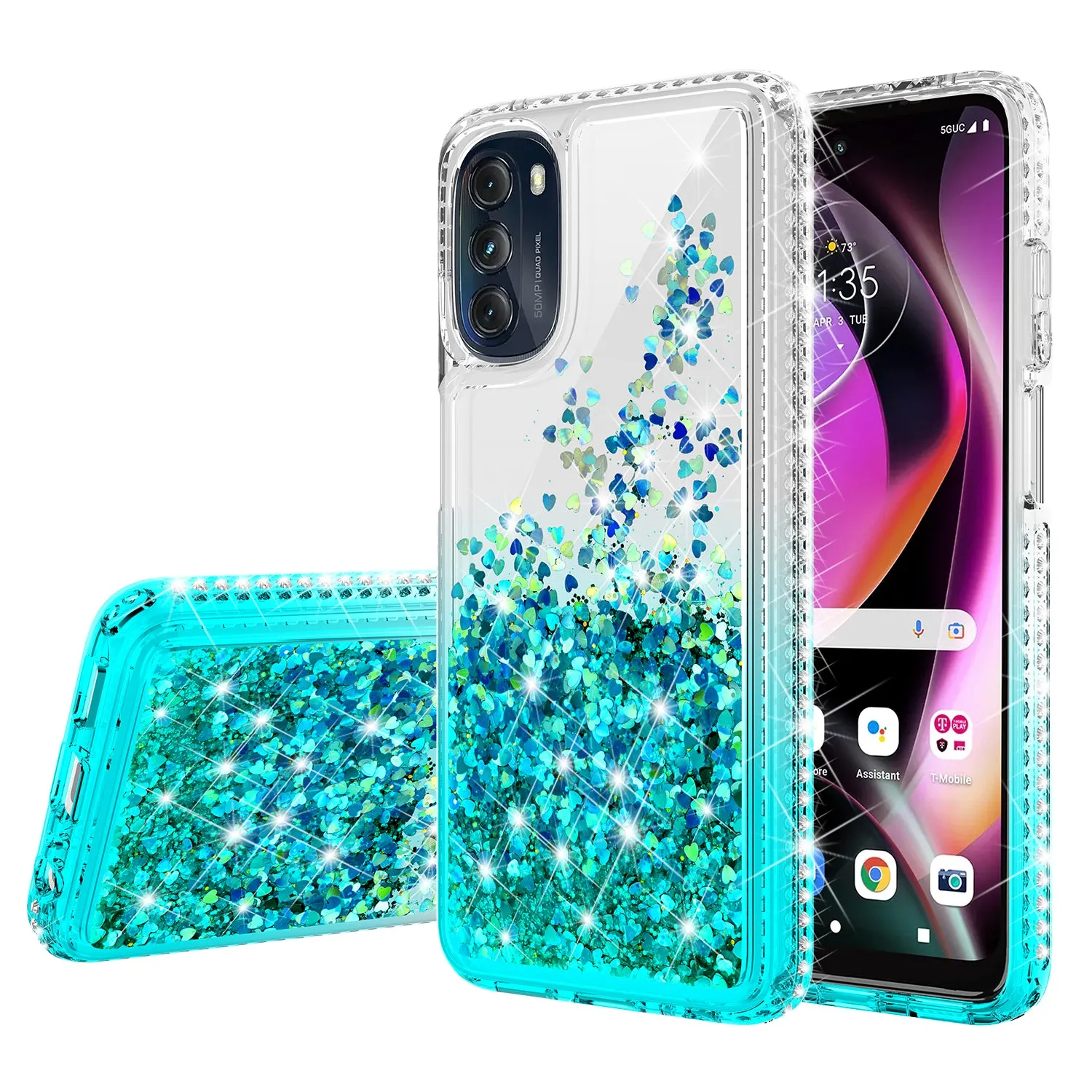 For Motorola moto g 5G (2022) Case Liquid Glitter Phone Case Waterfall Floating Quicksand Bling Sparkle Cute Protective Girls Women Cover for Motorola moto g 5G (2022) W/Temper Glass - Teal