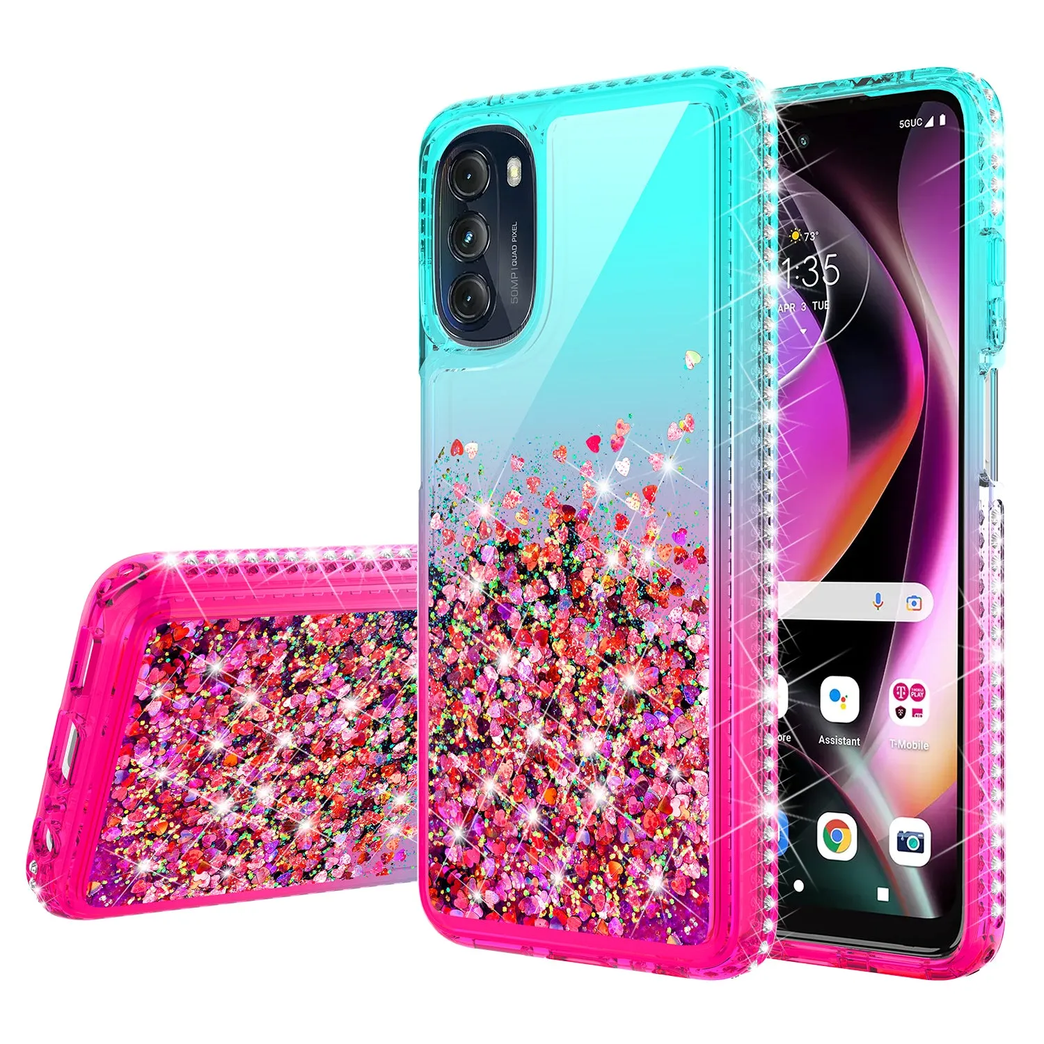 For Motorola moto g 5G (2022) Case Liquid Glitter Phone Case Waterfall Floating Quicksand Bling Sparkle Cute Protective Girls Women Cover for Motorola moto g 5G (2022) W/Temper Glass -  (Teal/Pink Gradient)