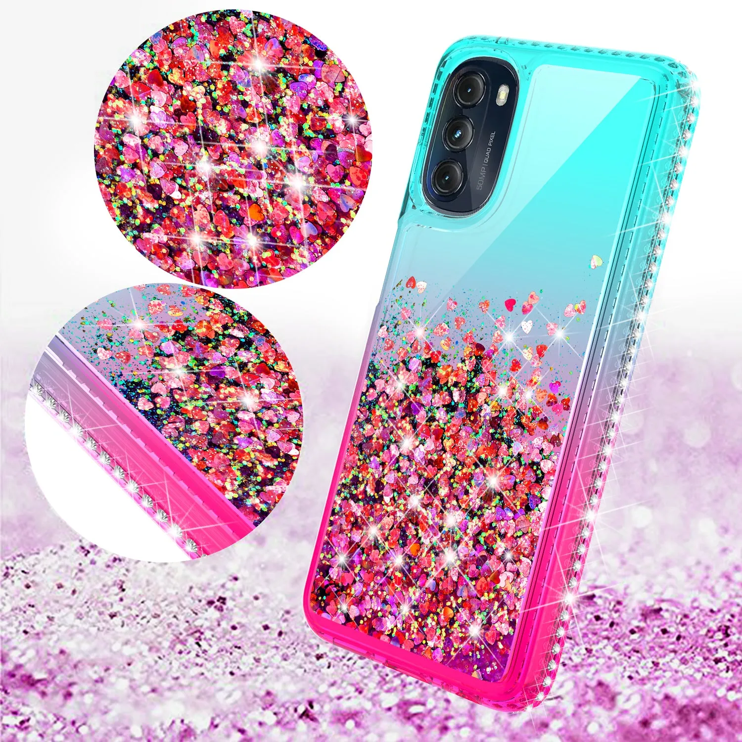 For Motorola moto g 5G (2022) Case Liquid Glitter Phone Case Waterfall Floating Quicksand Bling Sparkle Cute Protective Girls Women Cover for Motorola moto g 5G (2022) W/Temper Glass -  (Teal/Pink Gradient)