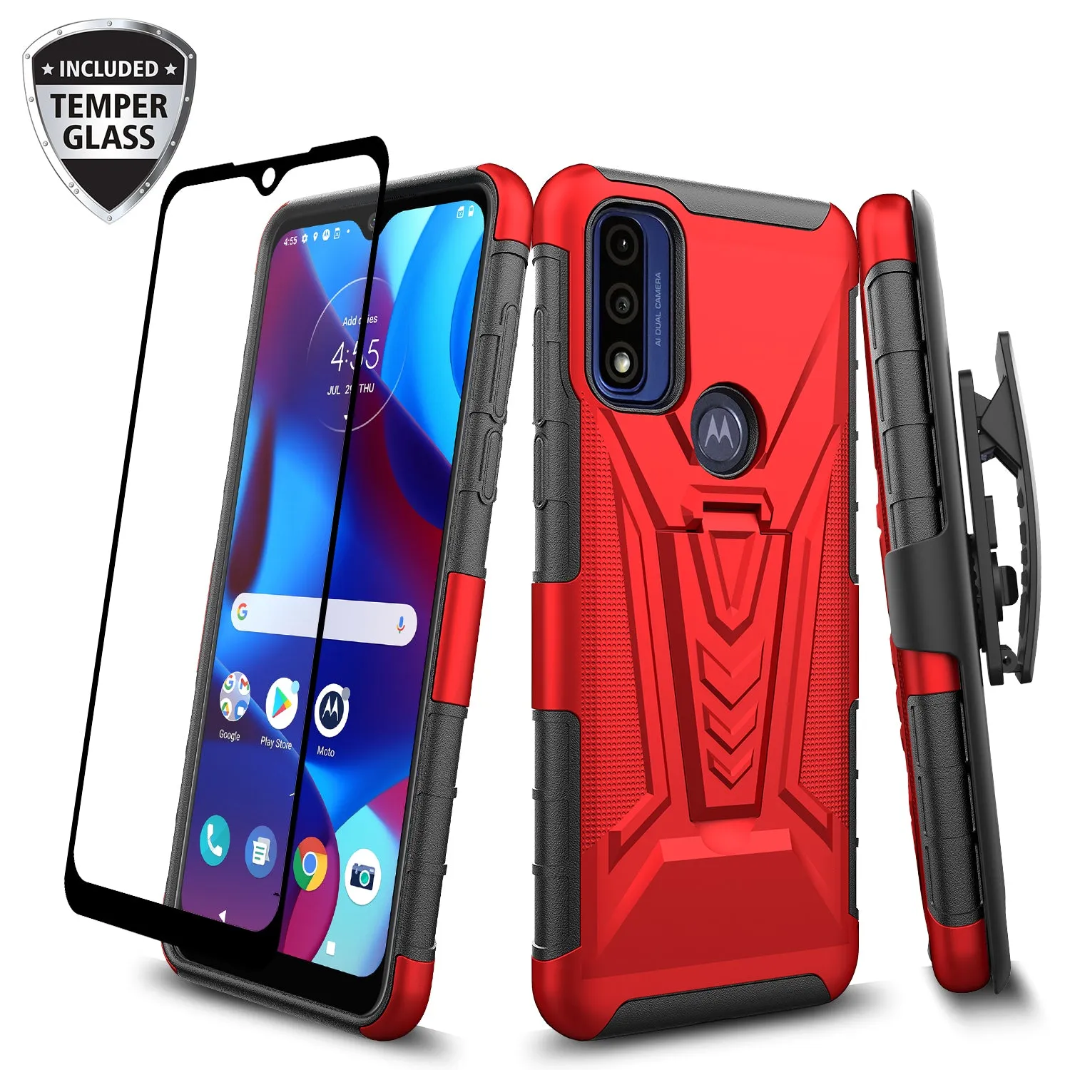 For Motorola Moto G Power 5g 2023 Case with Tempered Glass Screen Protector Heavy Duty Protective Phone Case,Built-in Kickstand Rugged Shockproof Protective Phone Case - Red
