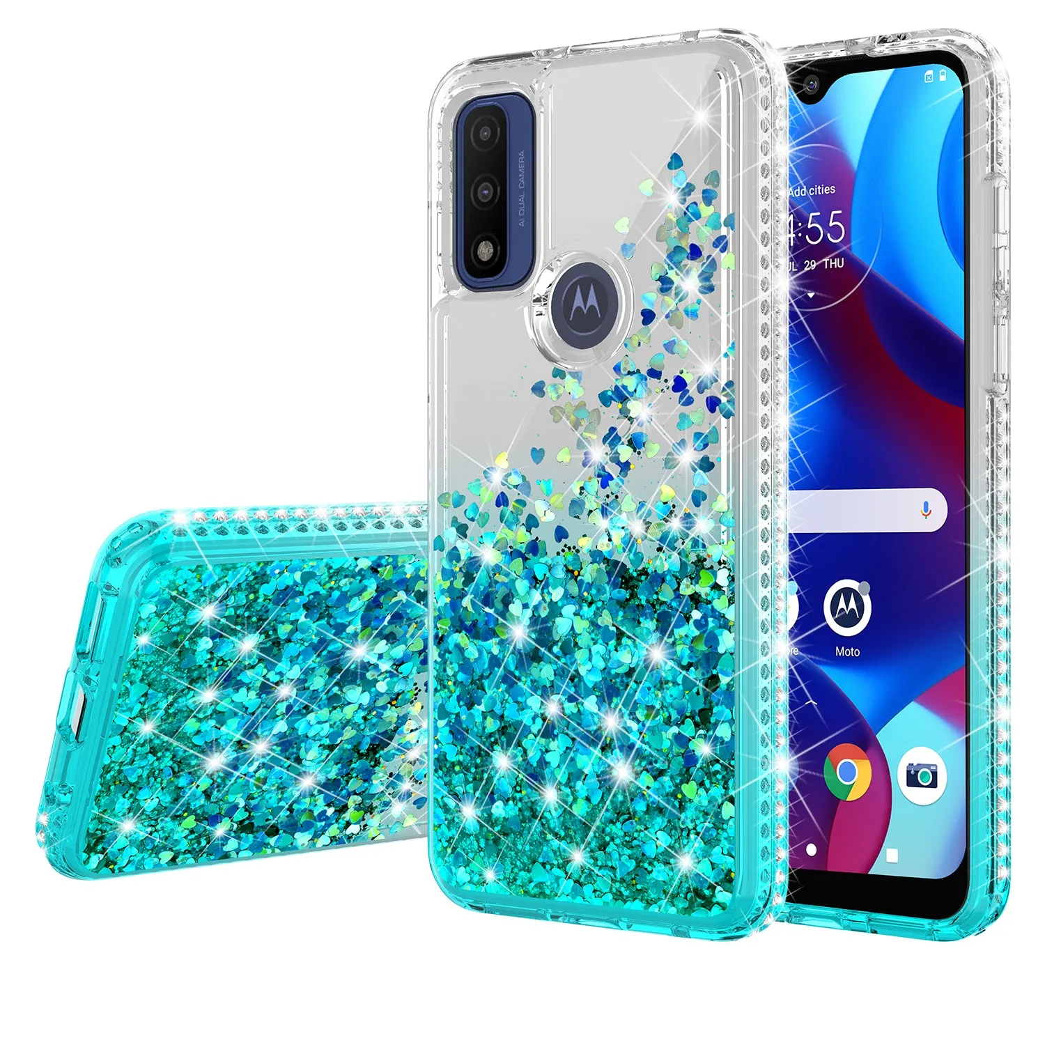 For Motorola moto g Pure Case Liquid Glitter Phone Case Waterfall Floating Quicksand Bling Sparkle Cute Protective Girls Women Cover for Motorola moto g Pure W/Temper Glass - Teal