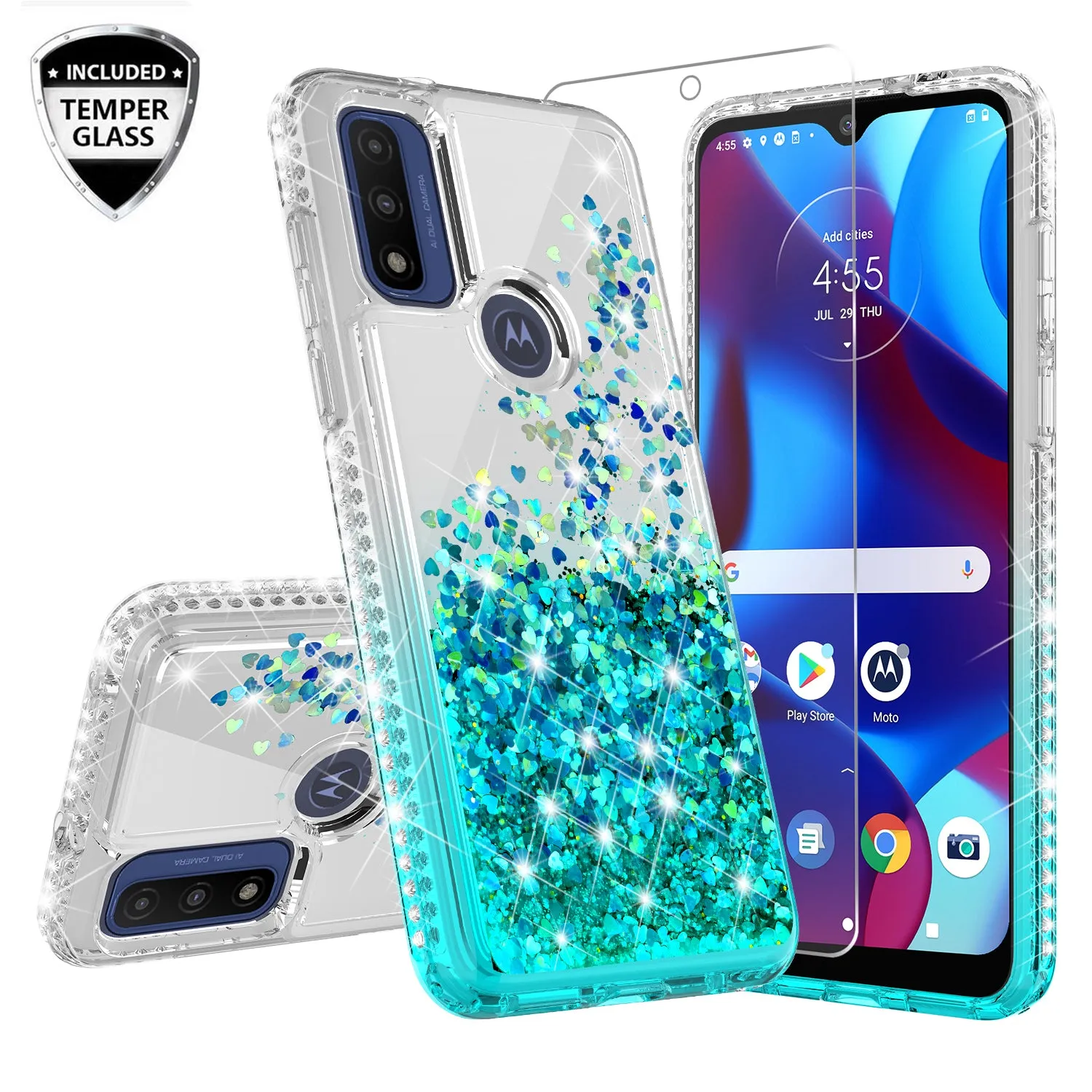 For Motorola moto g Pure Case Liquid Glitter Phone Case Waterfall Floating Quicksand Bling Sparkle Cute Protective Girls Women Cover for Motorola moto g Pure W/Temper Glass - Teal