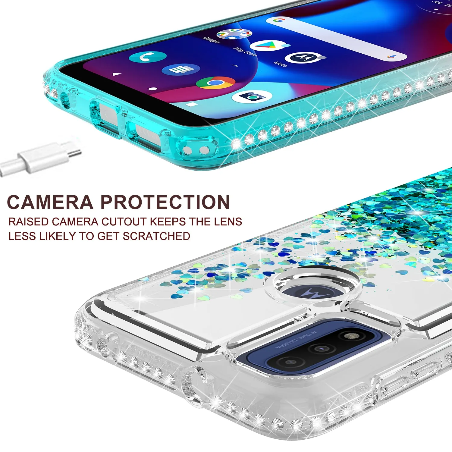 For Motorola moto g Pure Case Liquid Glitter Phone Case Waterfall Floating Quicksand Bling Sparkle Cute Protective Girls Women Cover for Motorola moto g Pure W/Temper Glass - Teal